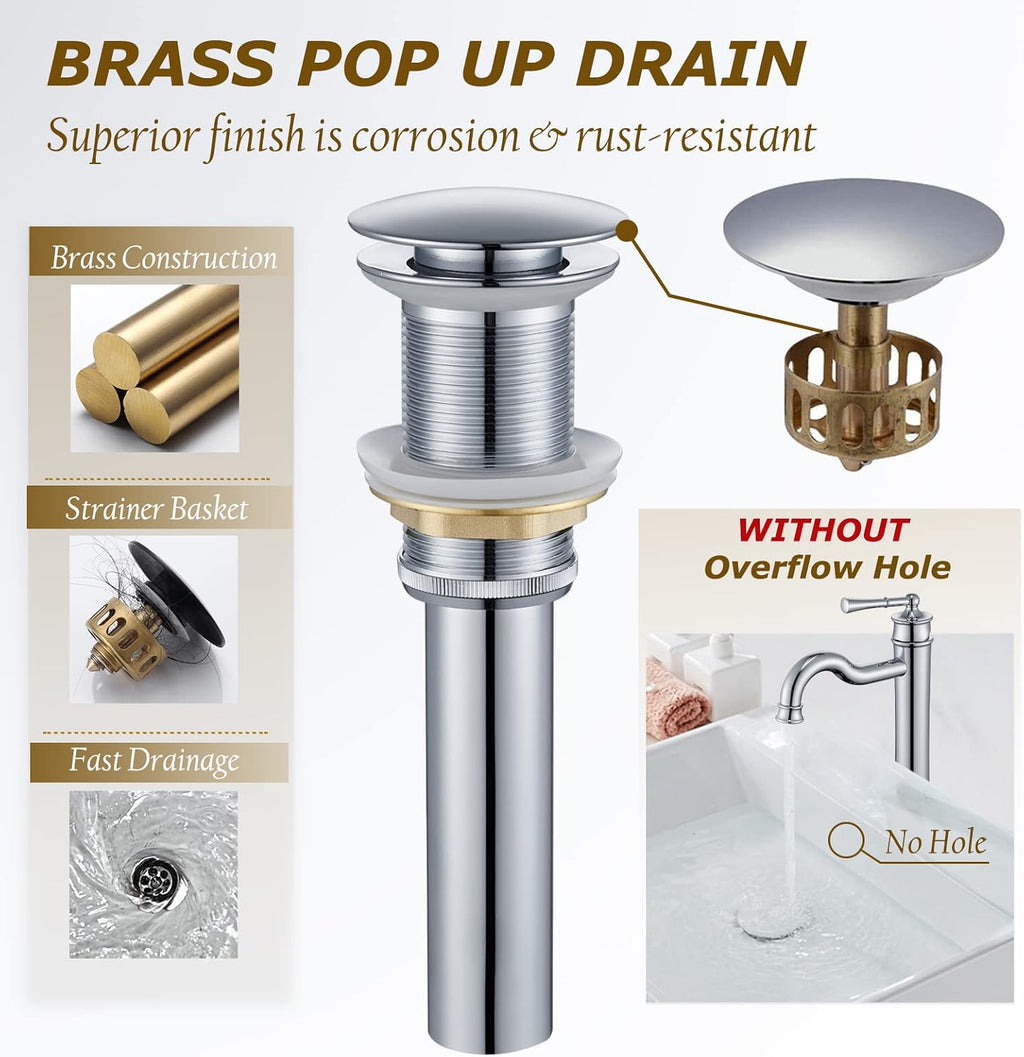 Vessel Sink Faucet Chrome Bathroom Tall Faucet Single Hole Deck-Mount Pop up Drain Assembly Without Overflow Water Supply Lines Included