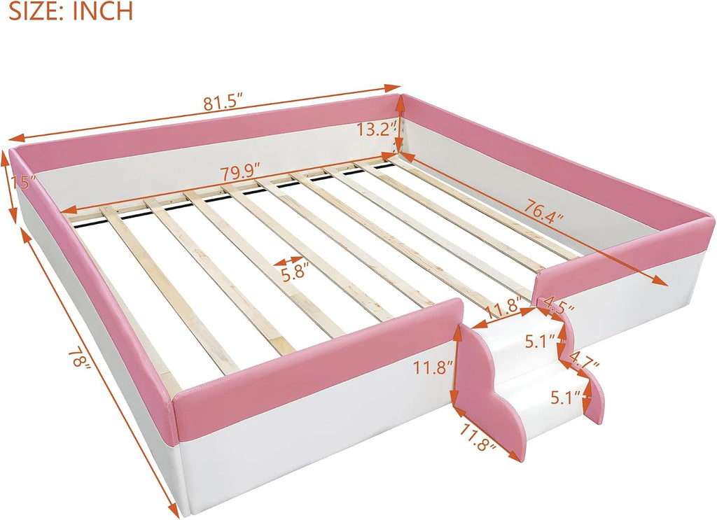 VilroCaz King Size Upholstered Daybed Frame with Fence and Stairs, Montessori Kids Floor Bed with Sturdy Slat Support for Kids Boys Girls