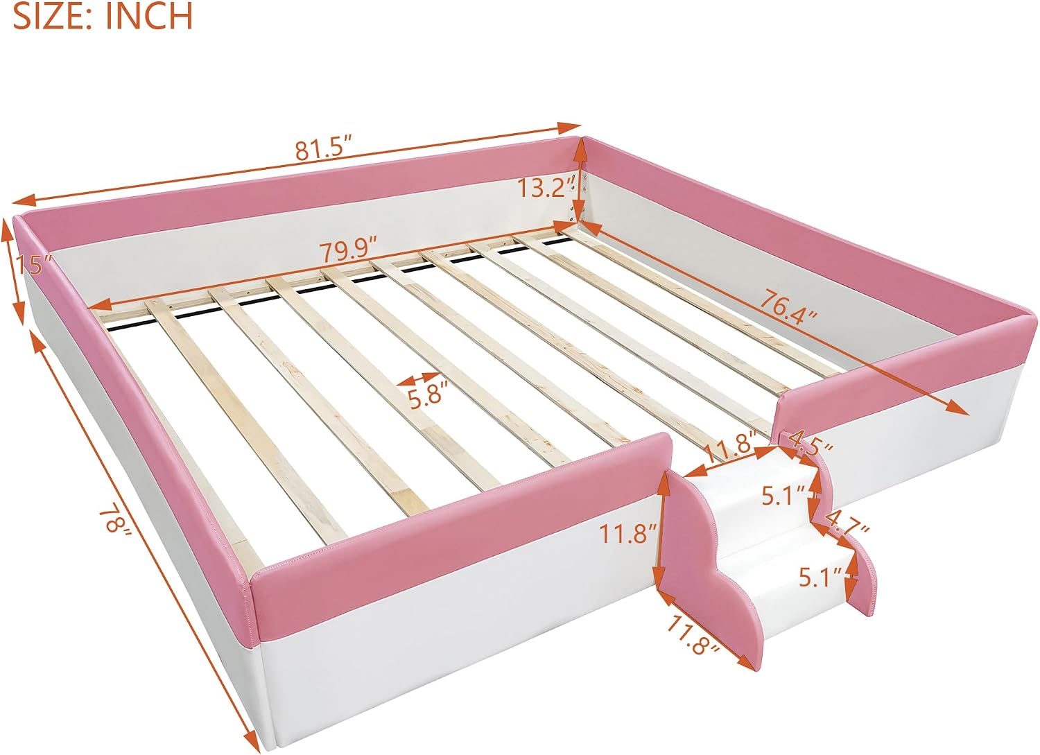 VilroCaz King Size Upholstered Daybed Frame with Fence and Stairs, Montessori Kids Floor Bed with Sturdy Slat Support for Kids Boys Girls