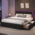 IMMERSTABLE Queen Size Bed Frame with Headboard and 4 Storage Drawers, Faux Leather Upholstered Platform Bed with LED Lights, Metal and Wood Slats, No Box Spring Needed, Easy Assembly, Black