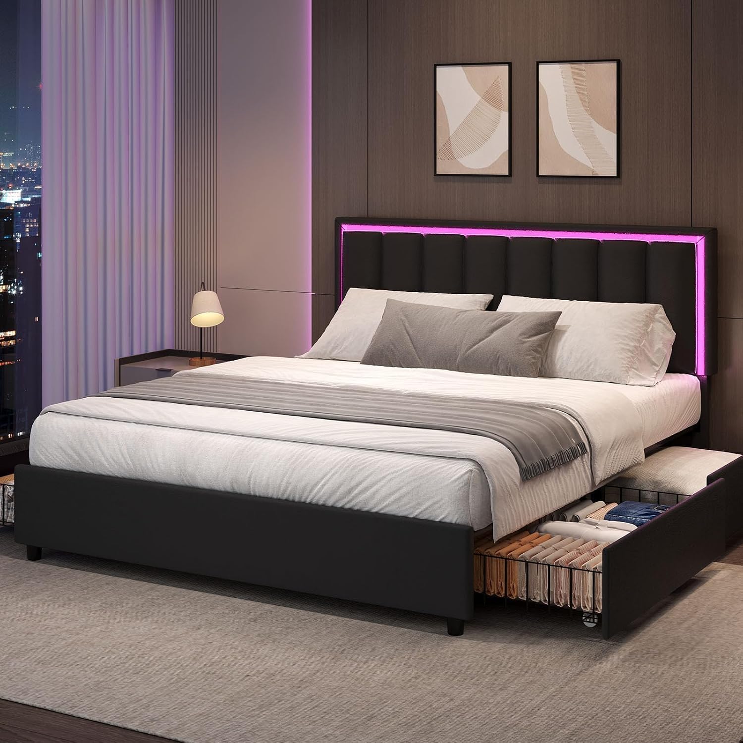 IMMERSTABLE Queen Size Bed Frame with Headboard and 4 Storage Drawers, Faux Leather Upholstered Platform Bed with LED Lights, Metal and Wood Slats, No Box Spring Needed, Easy Assembly, Black