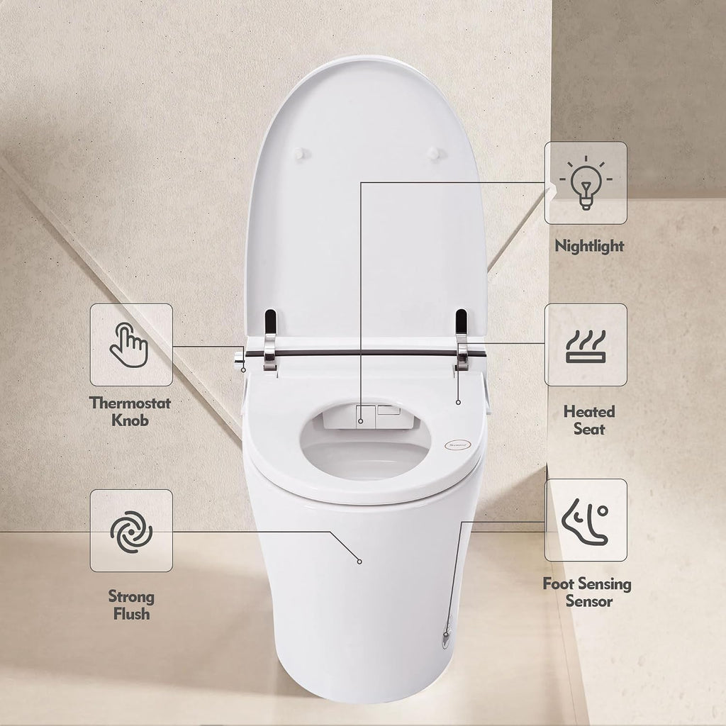 Merax Heated Seat Smart Toilet, Upmarket Compact Dual Flush, 1/1.28 GPF, Tankless, Adjustable Temp, Foot Sensor Flush, White Night Light, Knob Control, Power Out, White, Plastic, Glossy Finish