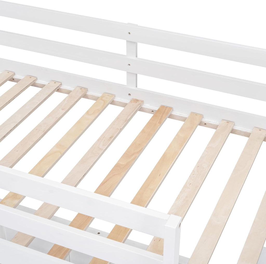 Ball & Cast Twin Over Full Bunk Bed with Safty Guardrail & Stairway,Heavy Duty Wood Loft Bedframe W/Desk & Drawers,Easy Assembly,Versatile Functional Bedroom Furniture Set for Boy Girl Teens,White