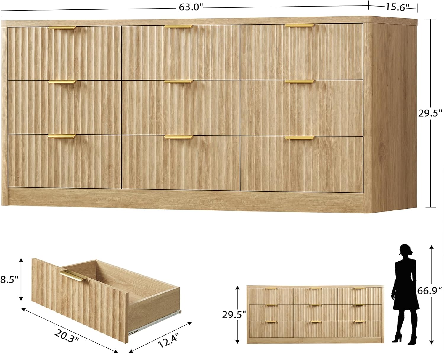 TEENFON 63' Dresser for Bedroom with 9 Drawers, Modern Dressers & Chest of Drawers with Metal Handles, Fluted Dresser, Wood Closet Clothes Storage Organizer for Living Room, Hallway, Natural