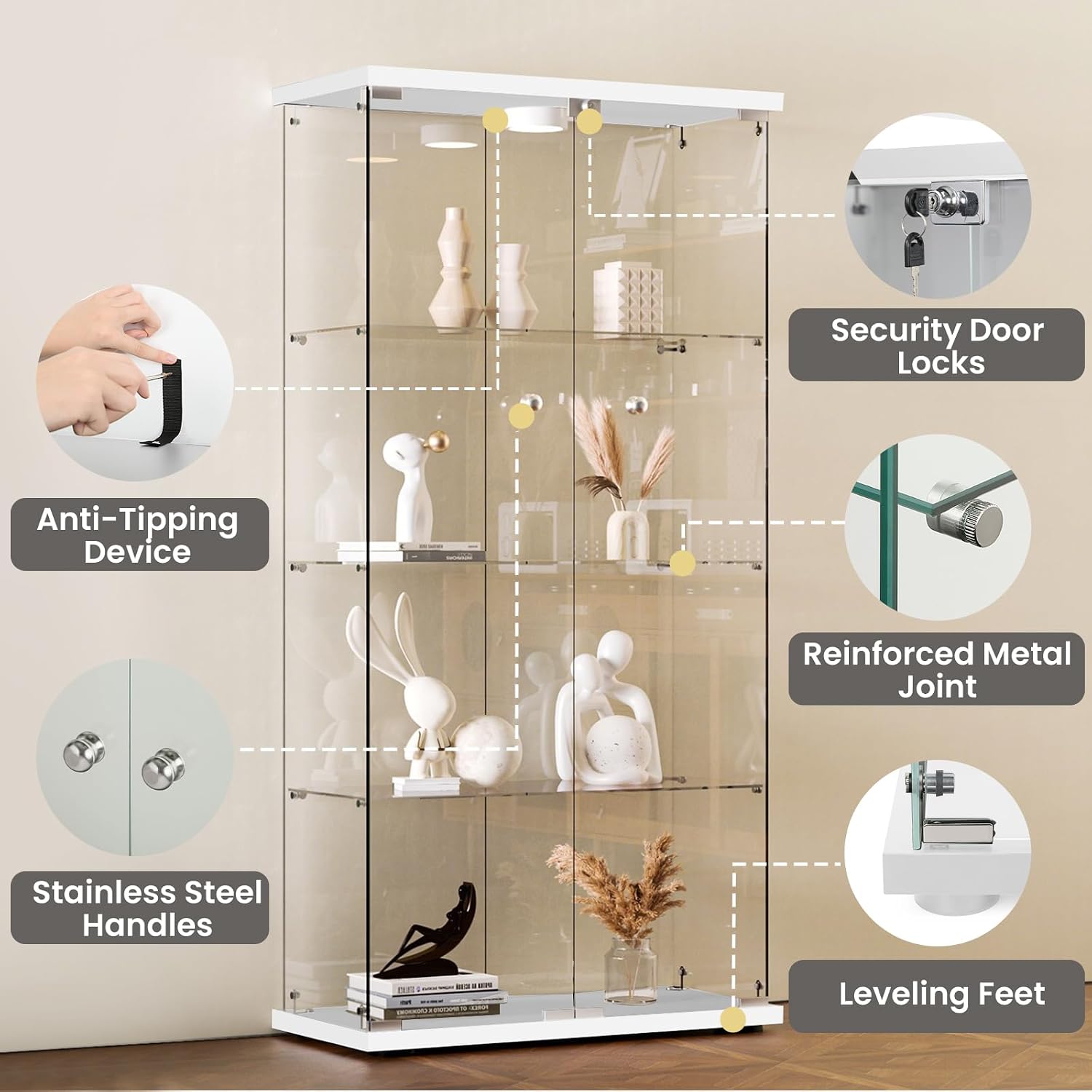 Glass Display Cabinet with LED Lights and Lock, 4-Shelf Tempered Glass Curio Cabinet with 2 Doors, Collectible Display Showcase for Living Room, Bedroom – White