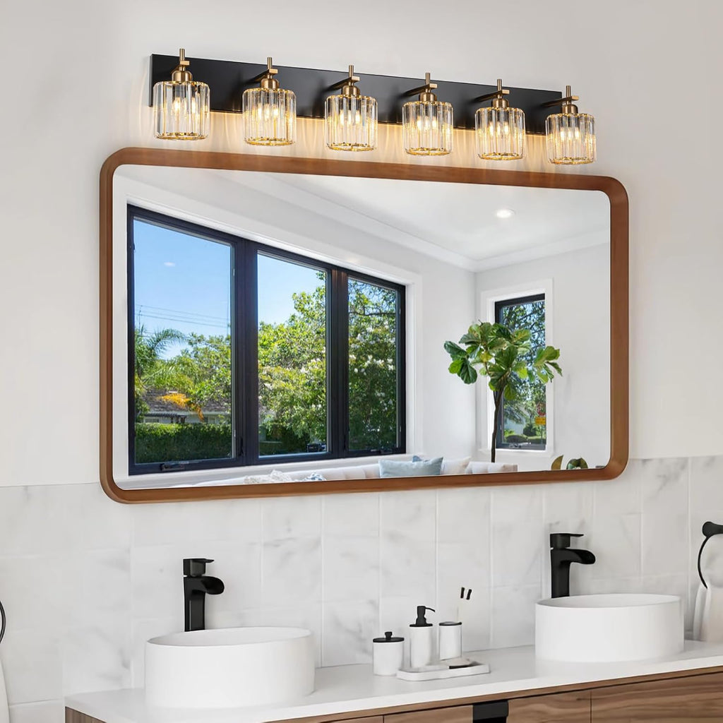 6-Light Crystal Bathroom Vanity Light, Modern Black Gold Bathroom Light Fixtures Over Mirror Crystal Wall Lighting with Polished Gold Finish