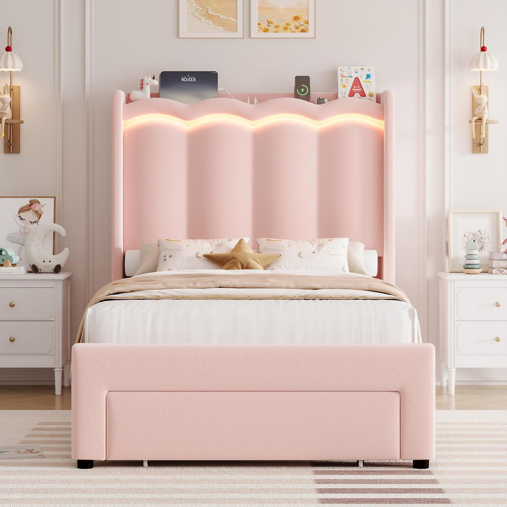 HIFIT 2 Set Upholstered Twin Size LED Bed Frame with Storage Drawer and Charging Station, Velvet Princess Twin Bed for Kids, Girls Bed with Double Wavy Wingback Headboard and Solid Frame, Pink