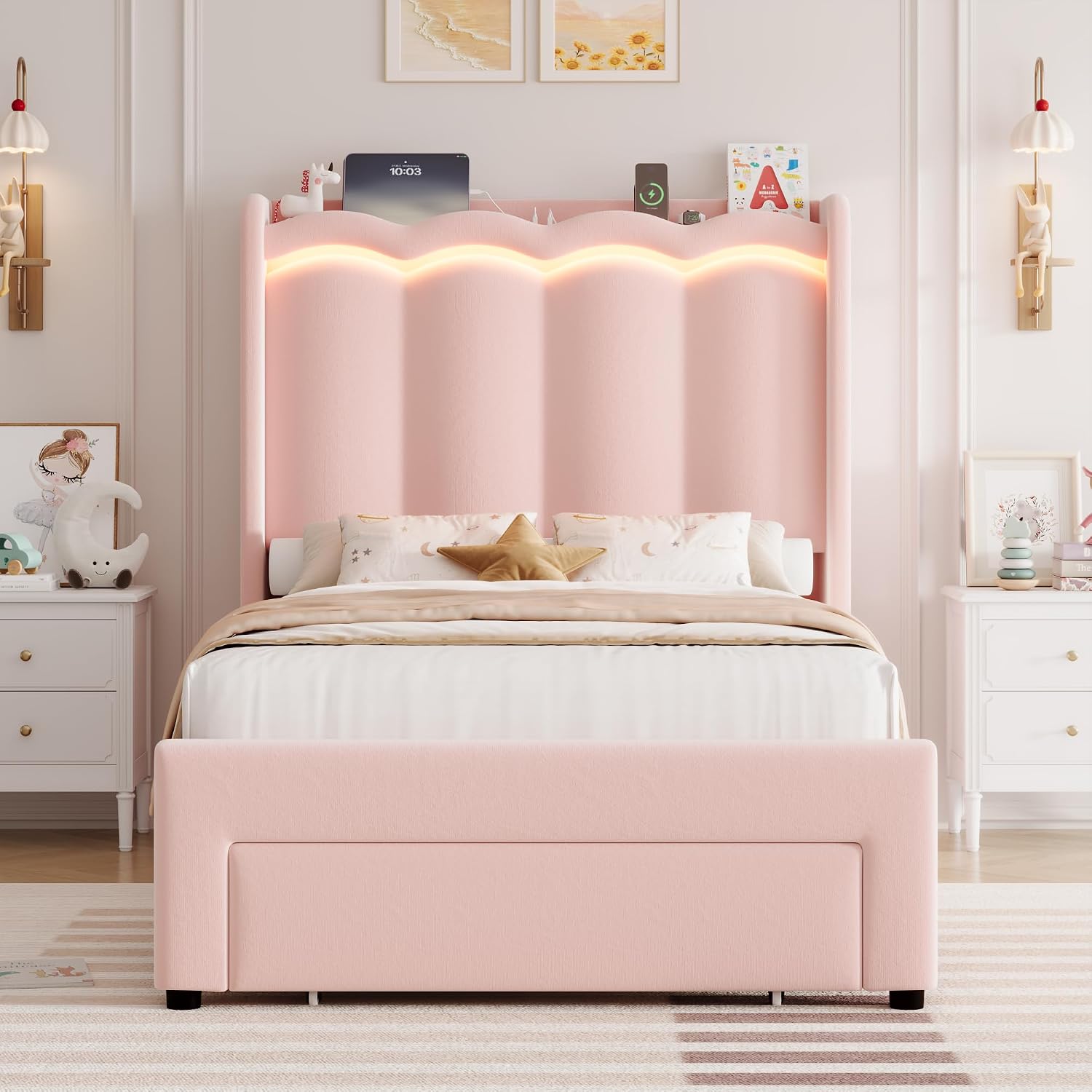 HIFIT 2 Set Upholstered Twin Size LED Bed Frame with Storage Drawer and Charging Station, Velvet Princess Twin Bed for Kids, Girls Bed with Double Wavy Wingback Headboard and Solid Frame, Pink