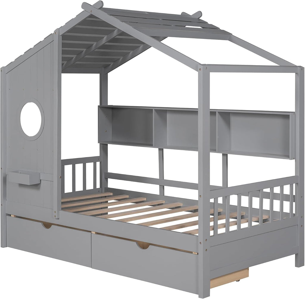 MERITLINE Twin Size Kids House Bed with 2 Drawers and Storage Shelf, Wooden Kids Montessori Bed Frame (Grey)