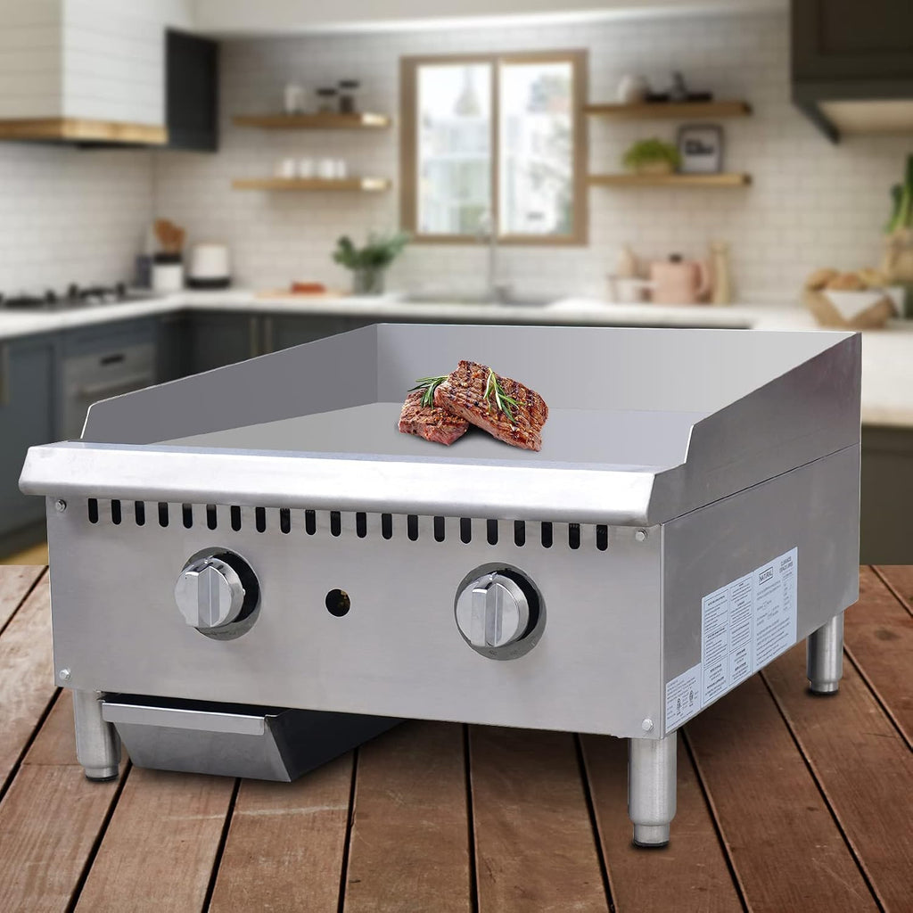 24' Commercial Griddle - Natural Gas/Propane Flat Top Grill, 60,000 BTU Countertop Hot Plate with Thermostatic Control & 3/4' Thick Plate, Heavy Duty Stainless Steel, ETL Listed