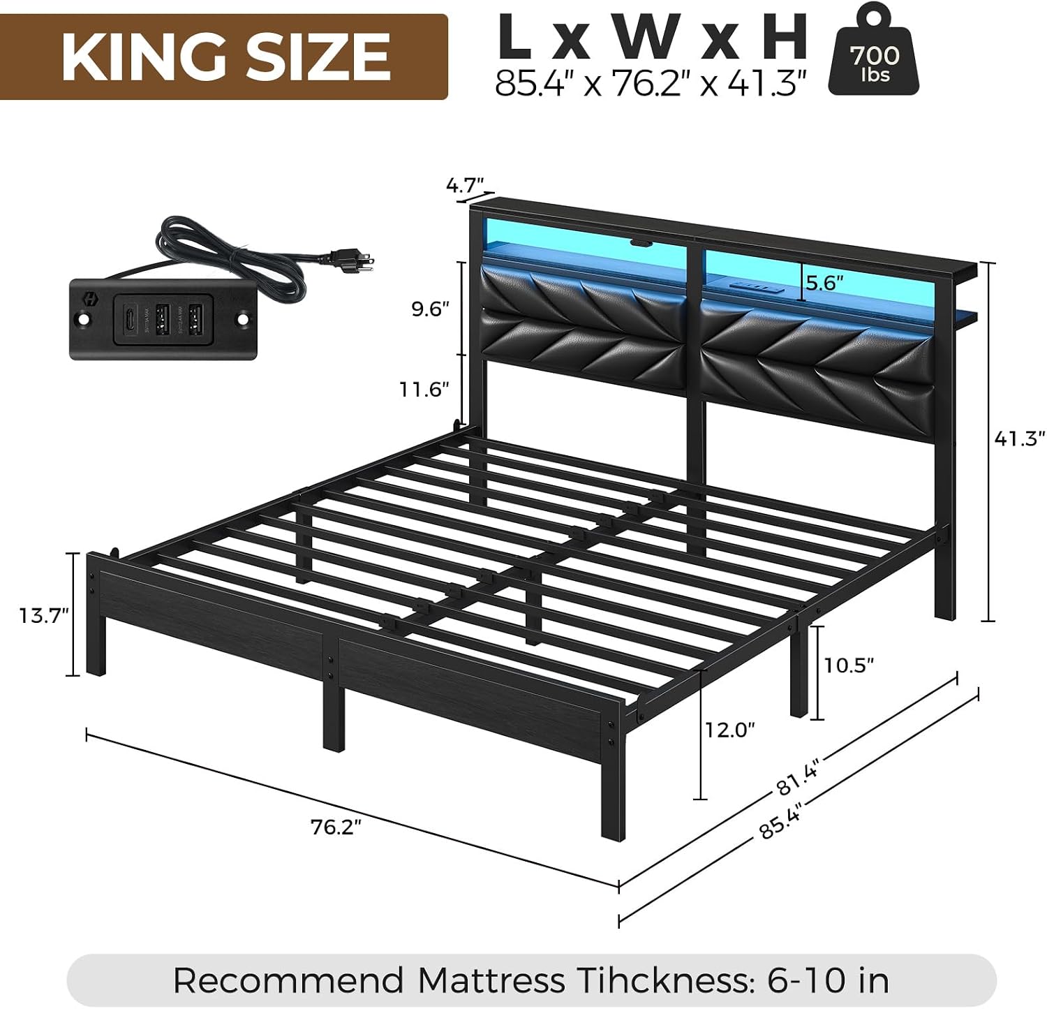Seventable King Size Bed Frame with Charging Station & LED Lights, Upholstered Headboard with 2-Tier Storage Shelves, Metal Platform with Under Bed Storage, No Box Spring Needed, Easy Assembly, Black