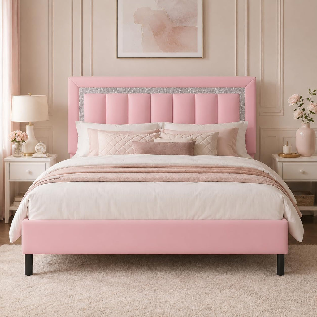 HOMBCK Full Bed Frame with Headboard, Faux Leather Upholstered Bed with Wooden Slats Support, Full Size Bed Frame with Diamond Vertical Stripe Design, Mattress Foundation, No Box Spring Needed, Pink