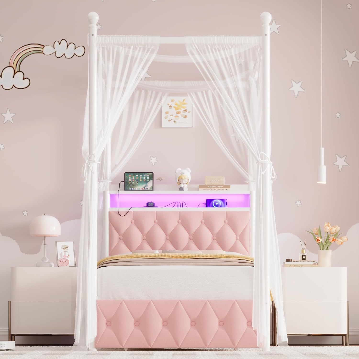 HIFIT Girls Twin Upholstered LED Canopy Bed Frame with Storage and Charging Station, Button Tufted Storage Headboard with Bookshelf, Two-Use Kids Metal Platform Bed w/4 Removable Post & 2 Drawer, Pink