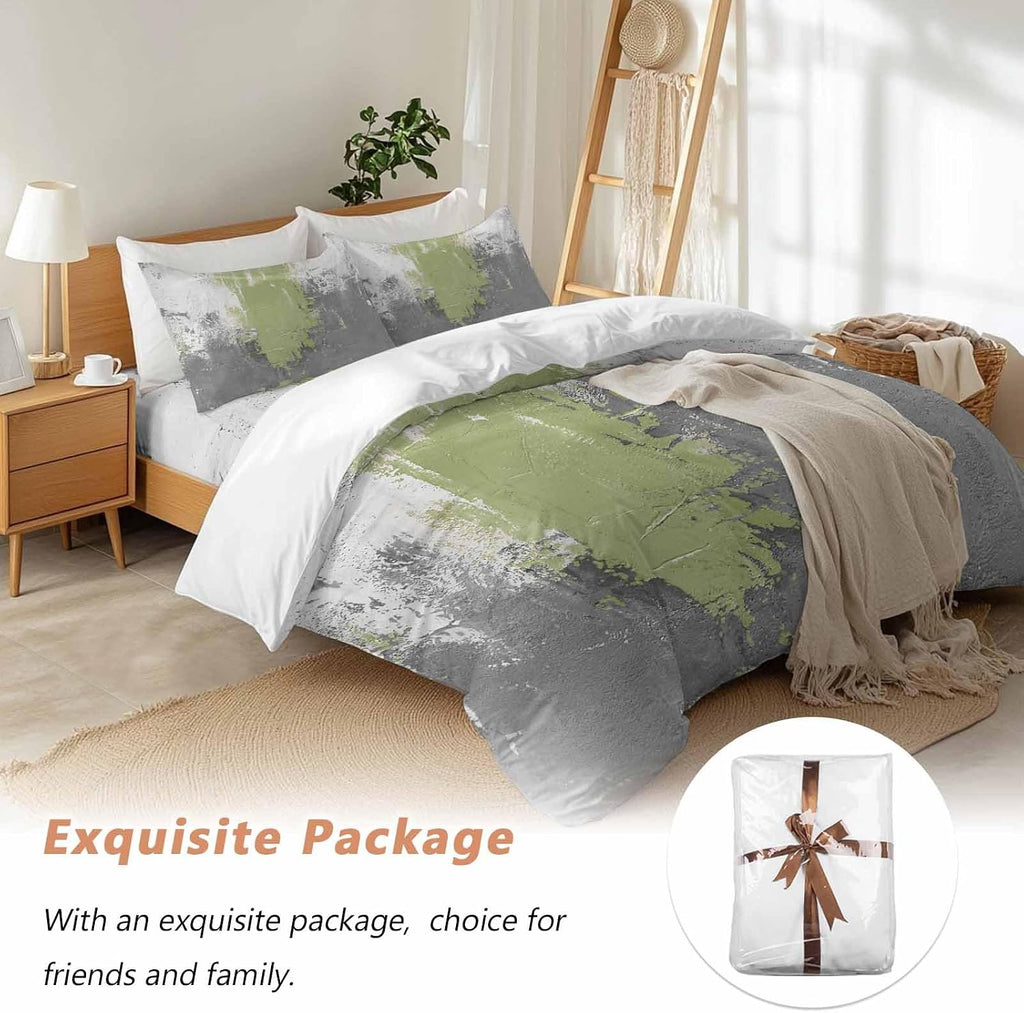 Abstract Art Duvet Cover Set Queen Size 4 Pieces Green Grey Wall Mottled Texture Minimalist Modern Bedding Set with Zipper Closure, 1 Comforter Cover 90x92 Inches 1 Flat Sheet & 2 Pillow Cases