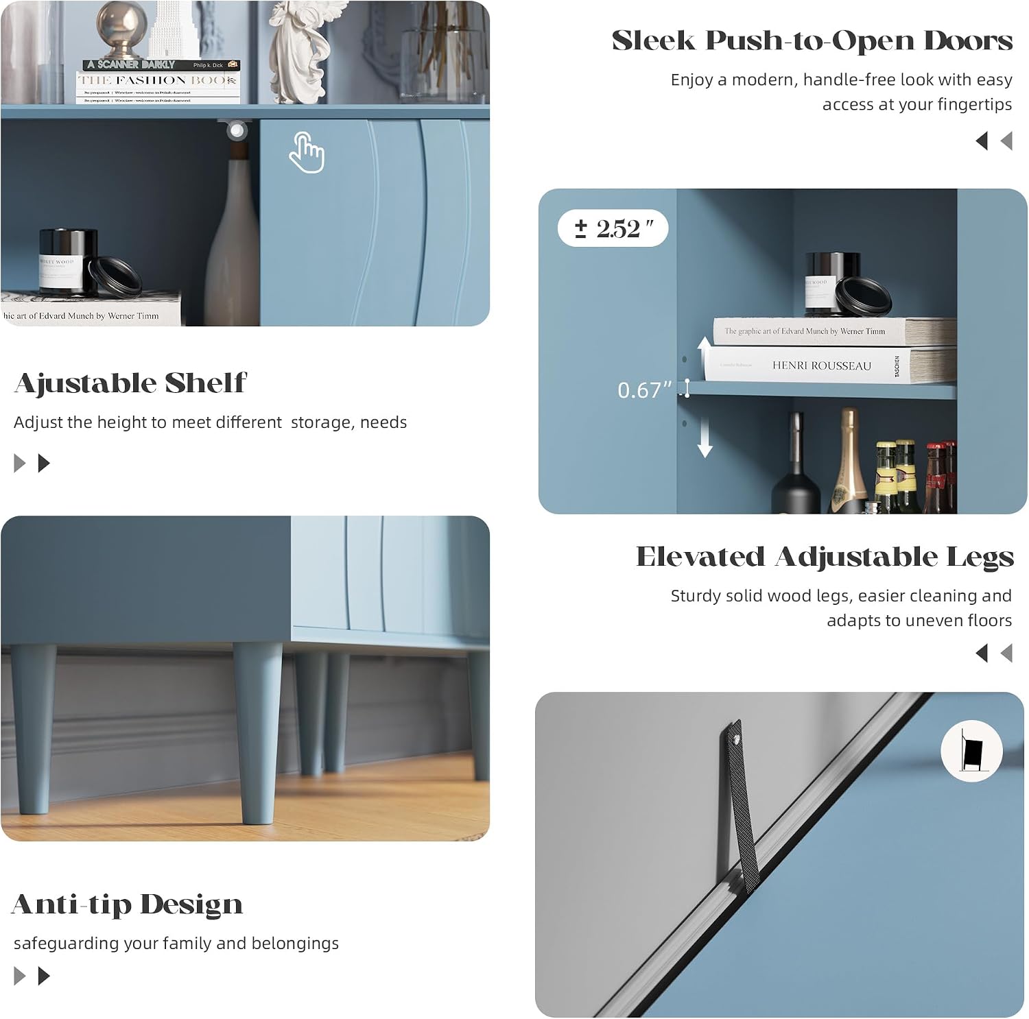 Easyego 31.5″ Mid Century Modern Sideboard Buffet Cabinet, Blue Wood Accent Storage with 2 Doors & Adjustable Shelves for Living Room, Entryway, Dining Room