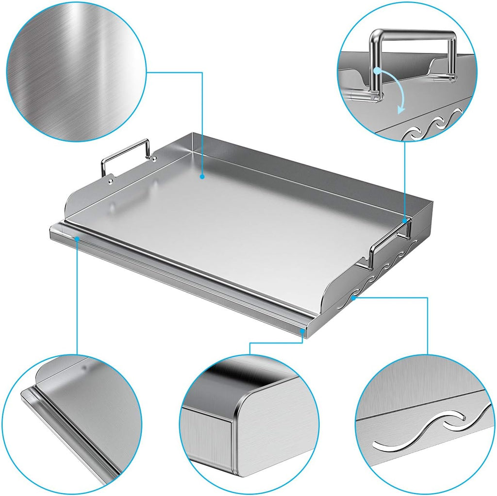 Skyflame Universal Stainless Steel Griddle Flat Top Plate, 3 Piece Griddle Accessories Kit and Magnetic Hanging Trash Can for Cooking Grill