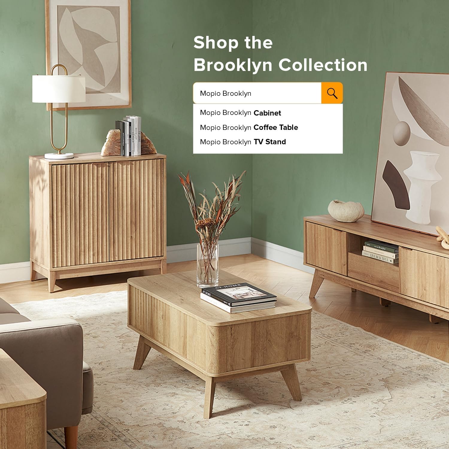 mopio Brooklyn Fluted Storage Cabinet, Modular Accent Buffet Sideboard with Adjustable Shelf, FSC Certified 50lb Load Modern Farmhouse Wood Credenza for Dining, Living Room, Entryway (Oak, Set of 3)