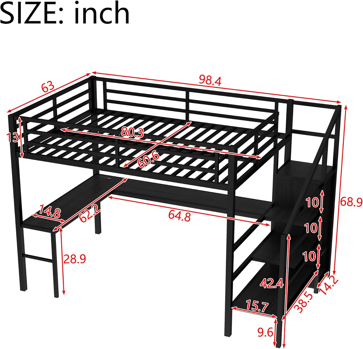 Bellemave Metal Queen Size Loft Bed with Desk and Storage Stairs,Heavy Duty Loft Bed Frame Queen Size with LED Lights,Wardrobe and Charging Station for Kids,Teens,Adults,Black