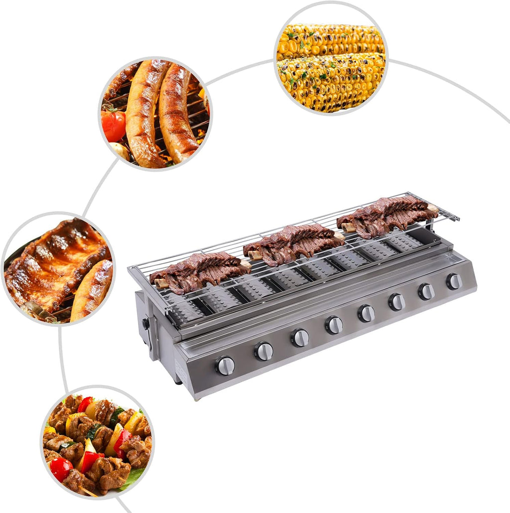 8 Burner BBQ Gas Grill, Stainless Steel LPG Propane Indoor Steak Grill Countertop Flat Top Griddle Tabletop Patio Garden Barbecue Grill with Removable Grill Net for Kitchen, Height Adjustable