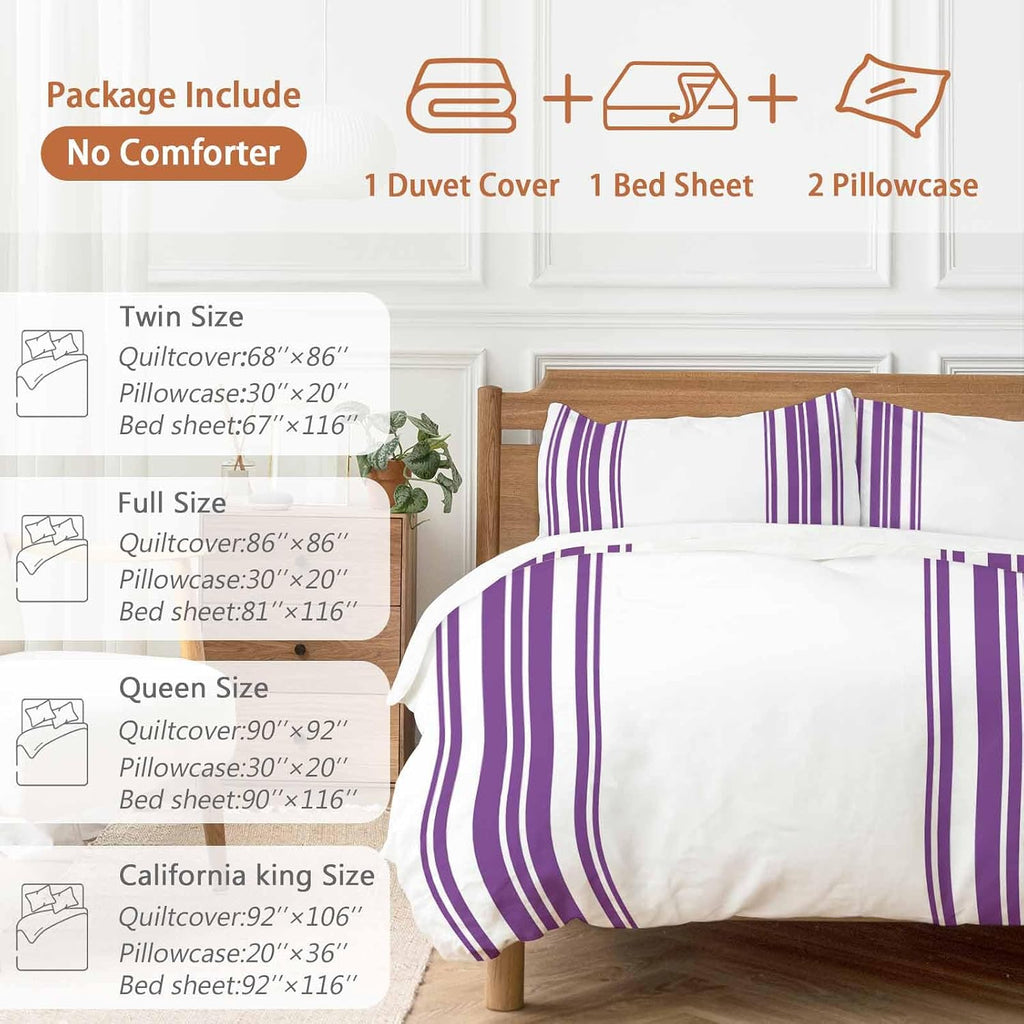 Dark Purple and White Striped Duvet Cover Set Queen Size 4 Pieces Modern Minimalist Vertical Lines Bedding Set with Zipper Closure, 1 Comforter Cover 90x92 Inches 1 Flat Sheet & 2 Pillow Cases