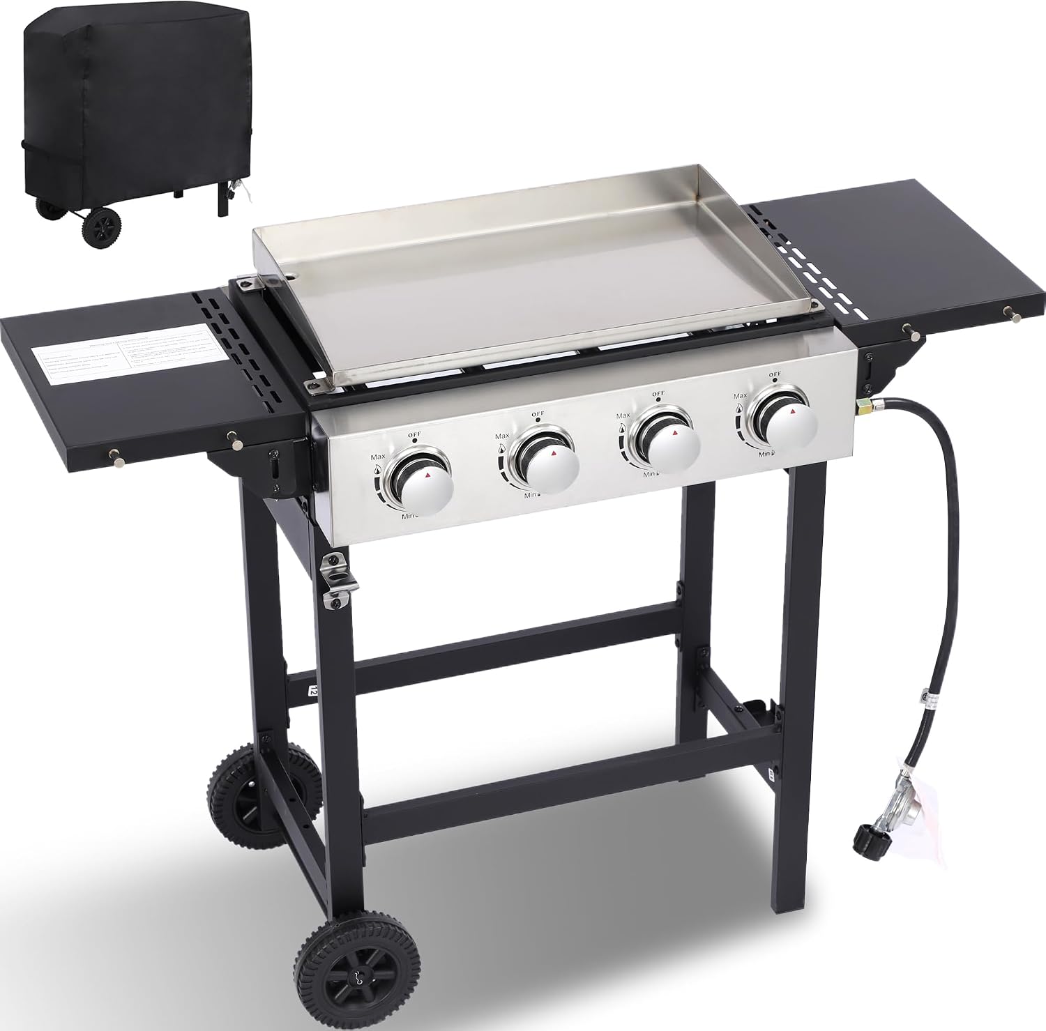 4-Burner Flat Top Grill with Folding Side Tables, Outdoor Griddle Grill with Storage Cover, 40,000 BTU Flat Grill with Stainless Steel Cooking Surface for BBQ, Camping, Tailgating