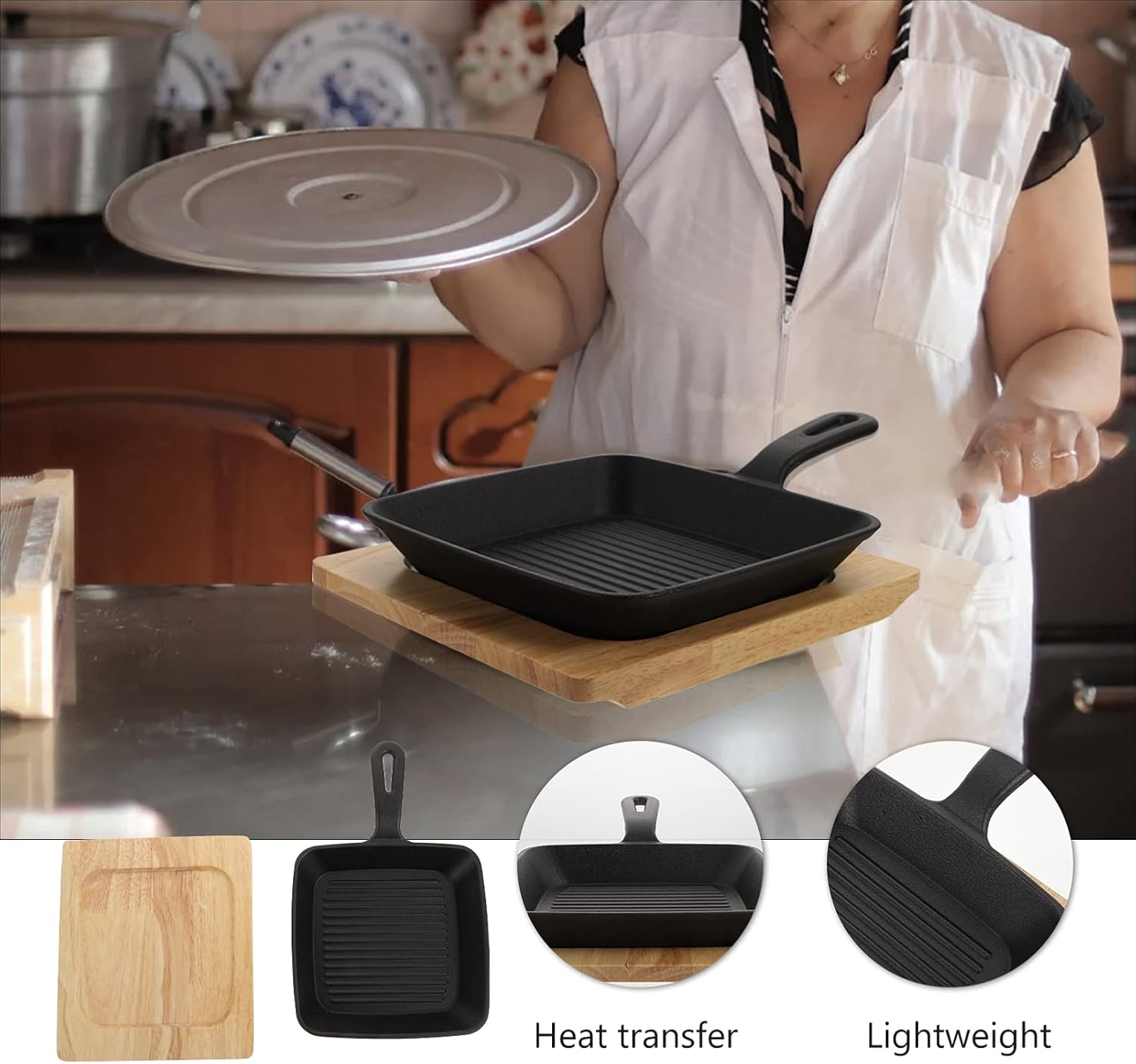 Grill Pan Frying Pan Steak Bacon Pan with Wooden Tray Deep Square Griddle Pan Iron Kitchen Grill Cookware for Steak Fish BBQ 2 Set Wok