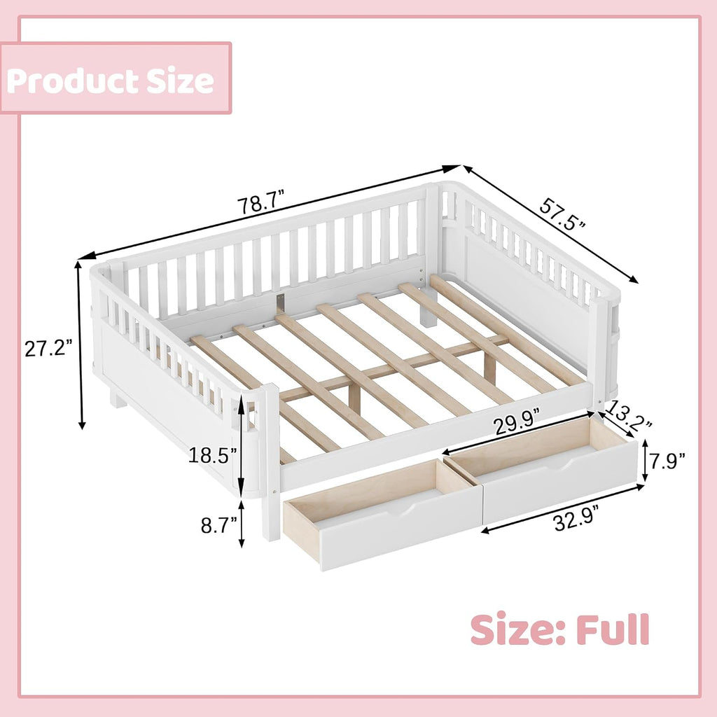 Full Kids Bed with Storage Drawers & Rails, Wood Low Montessori Beds with Detachable Side Rails & Slats, Modern Daybed for Boys Girls Bedroom, Kids Full Platform Bed, White