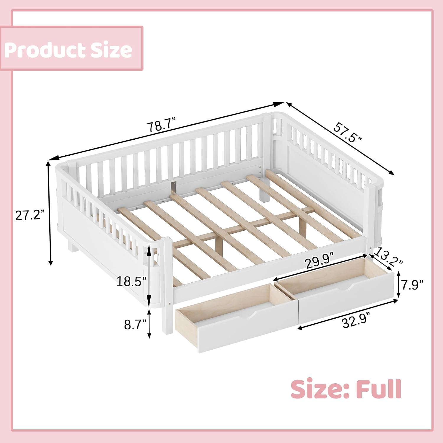Full Kids Bed with Storage Drawers & Rails, Wood Low Montessori Beds with Detachable Side Rails & Slats, Modern Daybed for Boys Girls Bedroom, Kids Full Platform Bed, White