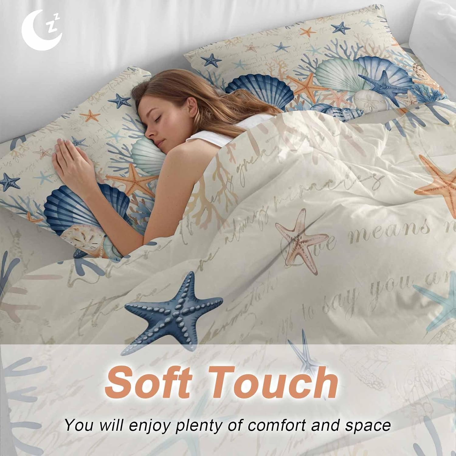 Summer Marine Life Duvet Cover Set Queen Size 4 Pieces Watercolor Starfish Ocean Shell Conch Vintage Bedding Set with Zipper Closure, 1 Comforter Cover 86x86 Inches 1 Flat Sheet & 2 Pillow Cases