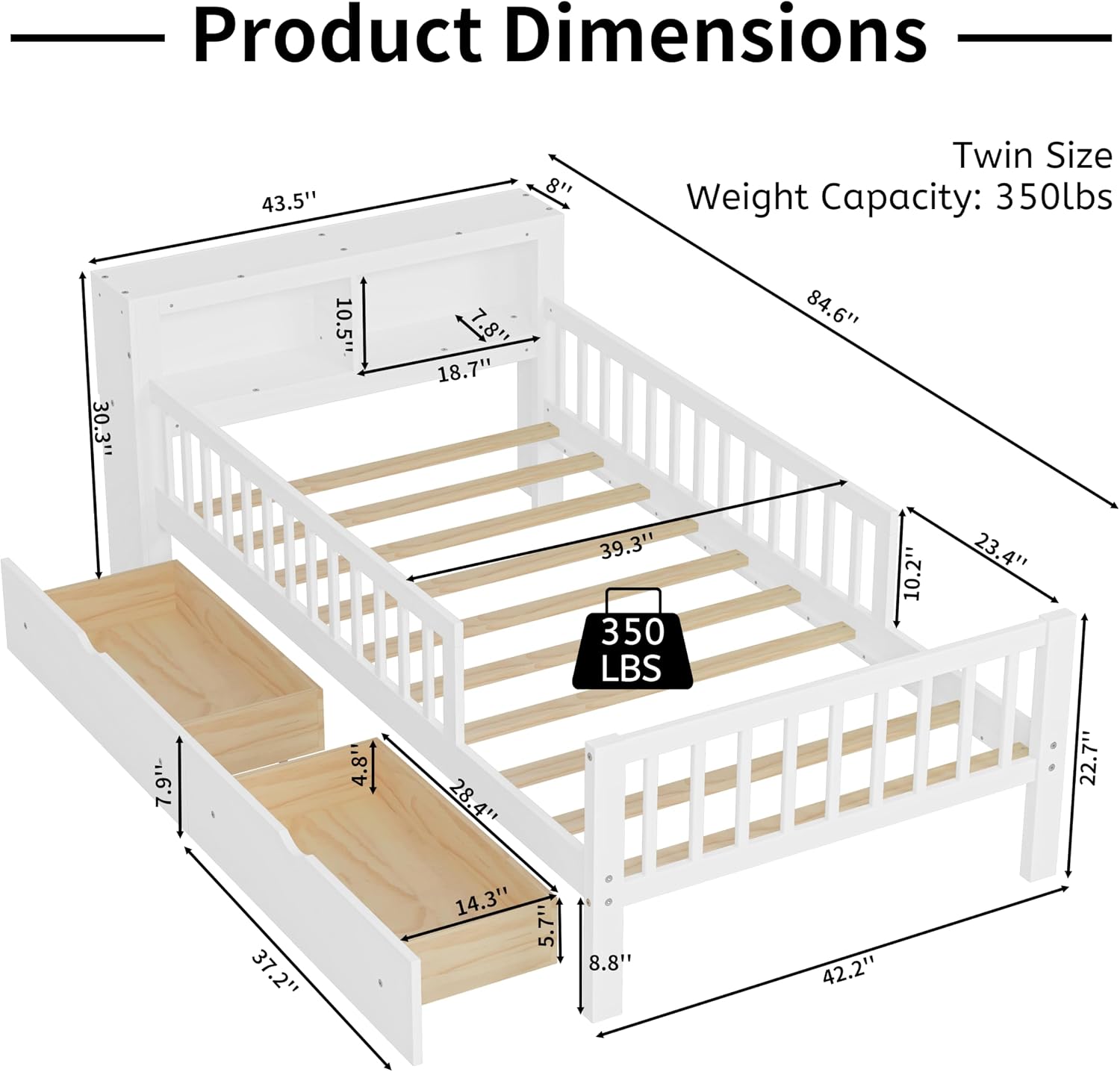VilroCaz Wood Twin Size Platform Bed with Safety Fence for Kids Boys Girls, Platform Bed Frame with Practical Headboard and 2 Under-Bed Drawers, Sturdy Slats Support (White-3.15)