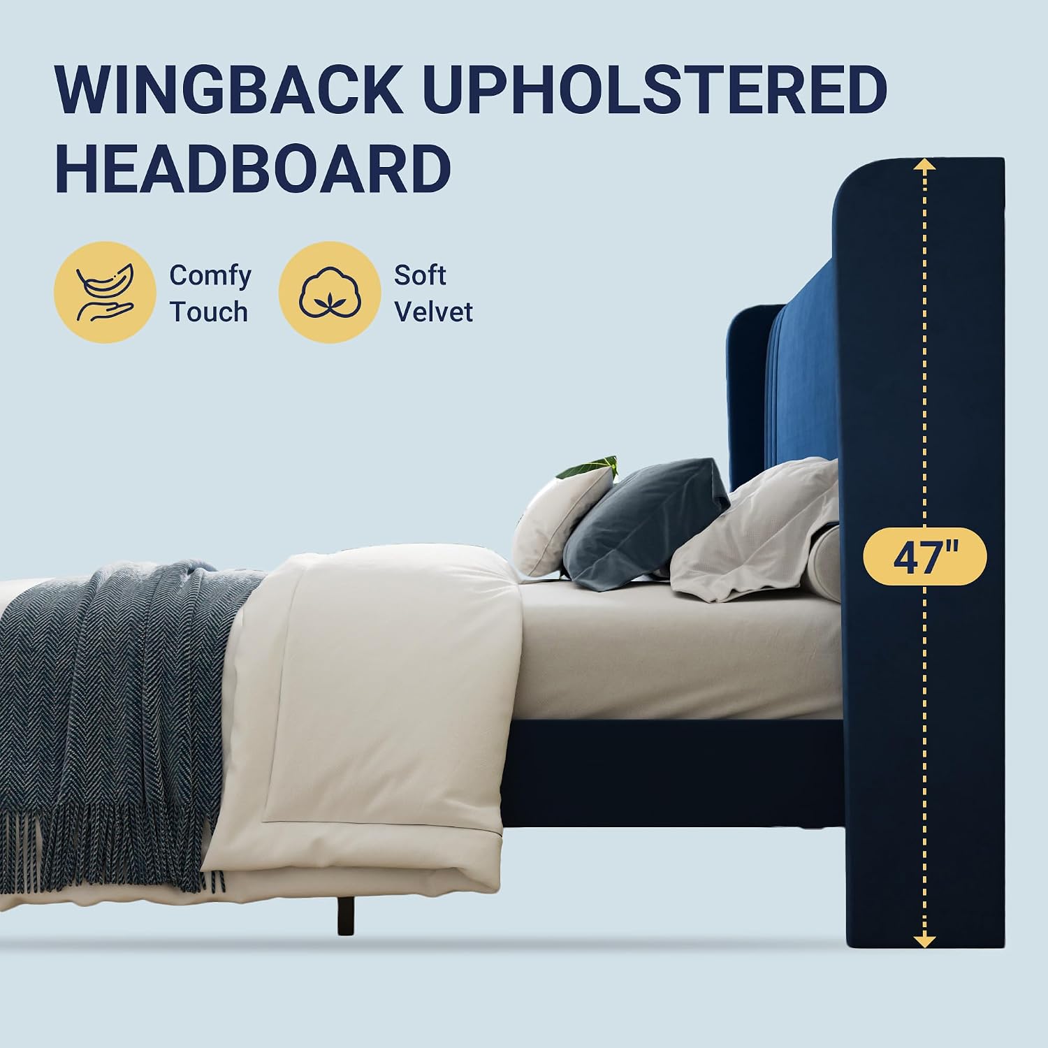 Allewie Queen Size Velvet Platform Bed Frame with Vertical Tufted Wingback Headboard, Easy Assembly, Under Bed Storage, No Box Spring Required, Modern Style, Blue