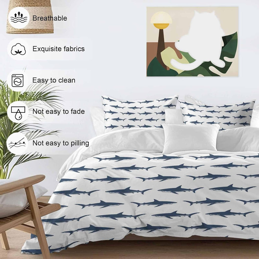 Prime Leader Abstract Sharks Duvet Cover Set Queen Size 4 Pieces Navy Blue Fish Simple Style Ocean Life Bedding Set with Zipper Closure, 1 Comforter Cover 86x86 Inches 1 Flat Sheet & 2 Pillow Cases