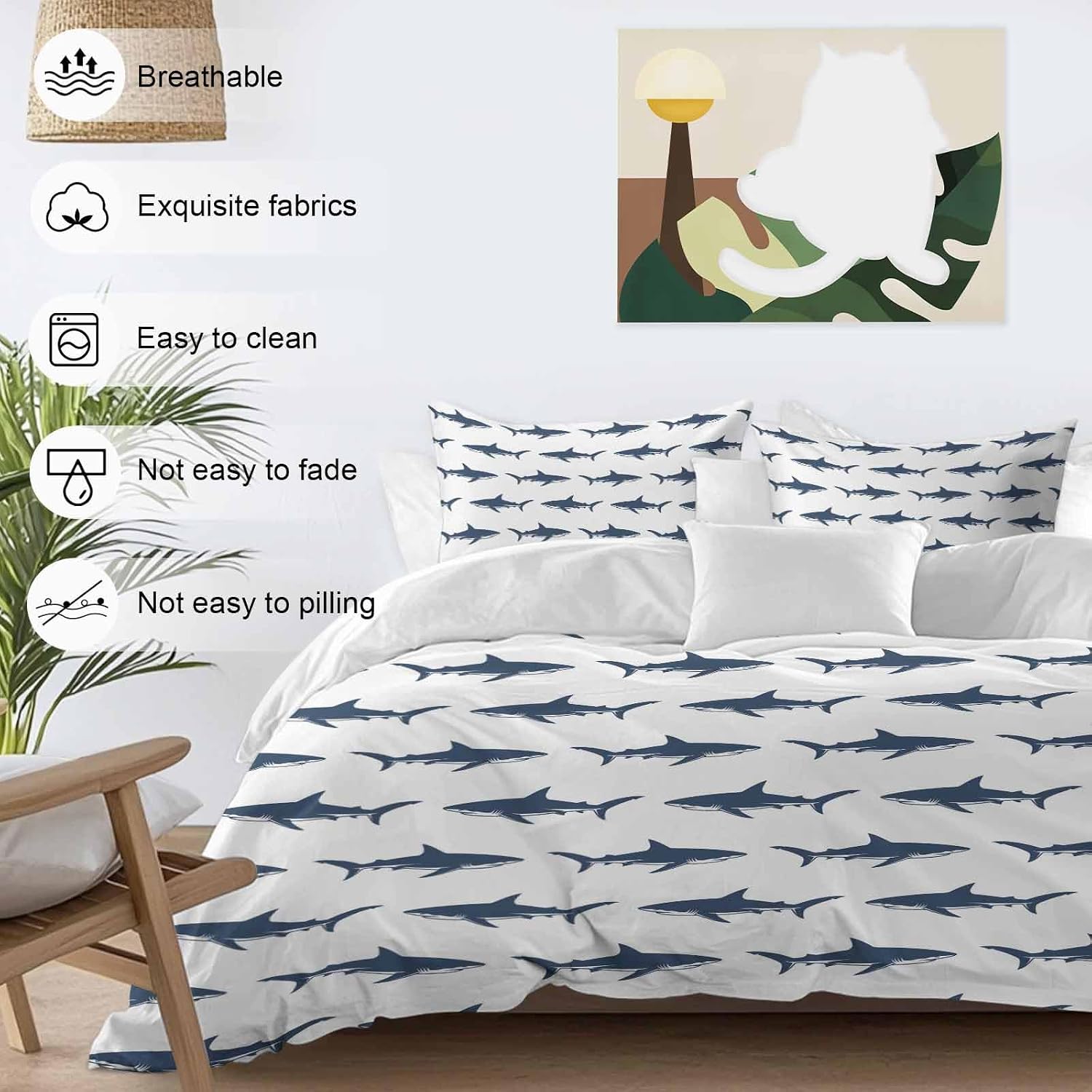 Prime Leader Abstract Sharks Duvet Cover Set Queen Size 4 Pieces Navy Blue Fish Simple Style Ocean Life Bedding Set with Zipper Closure, 1 Comforter Cover 86x86 Inches 1 Flat Sheet & 2 Pillow Cases