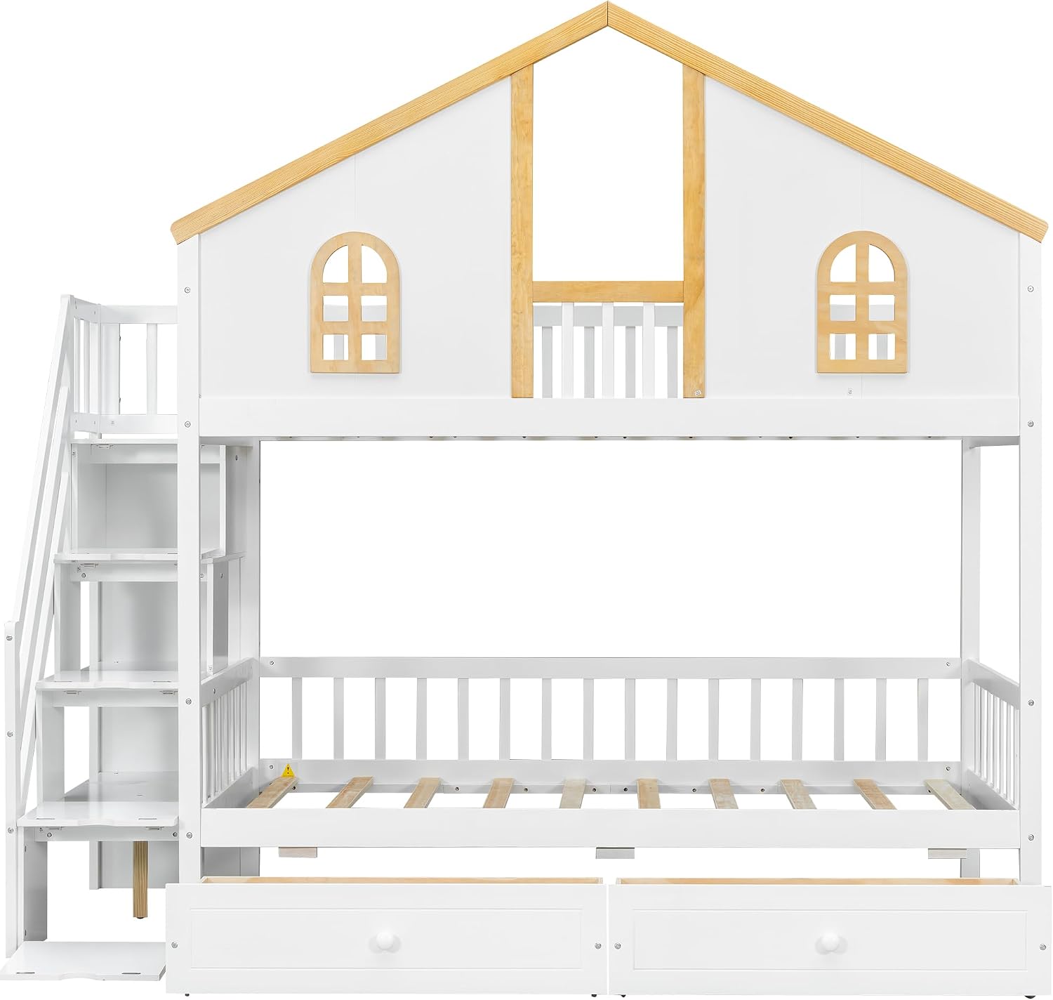 Merax Twin Over Twin Wooden Bunk Bed with Two Drawers and Storage Staircase, Twin Size House Bunk Bed Frame with Window Door Guardrails for Teens, Boys, Girls Bedroom, White+Natural