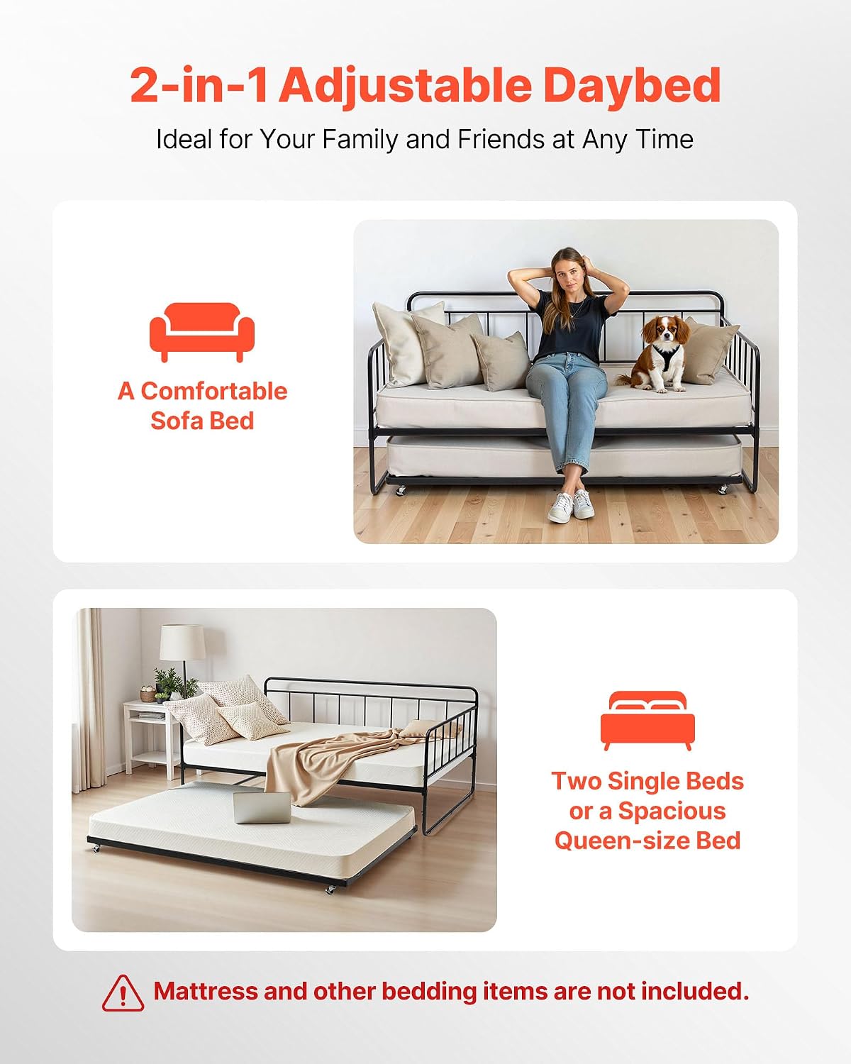 VEVOR Full Size Daybed Frame, Day Bed with Trundle, Heavy Duty Metal Platform Bed Frame, Full Daybed with Metal Slats Support for Living Room, Bedroom, Guest Room, Easy Assembly, Black