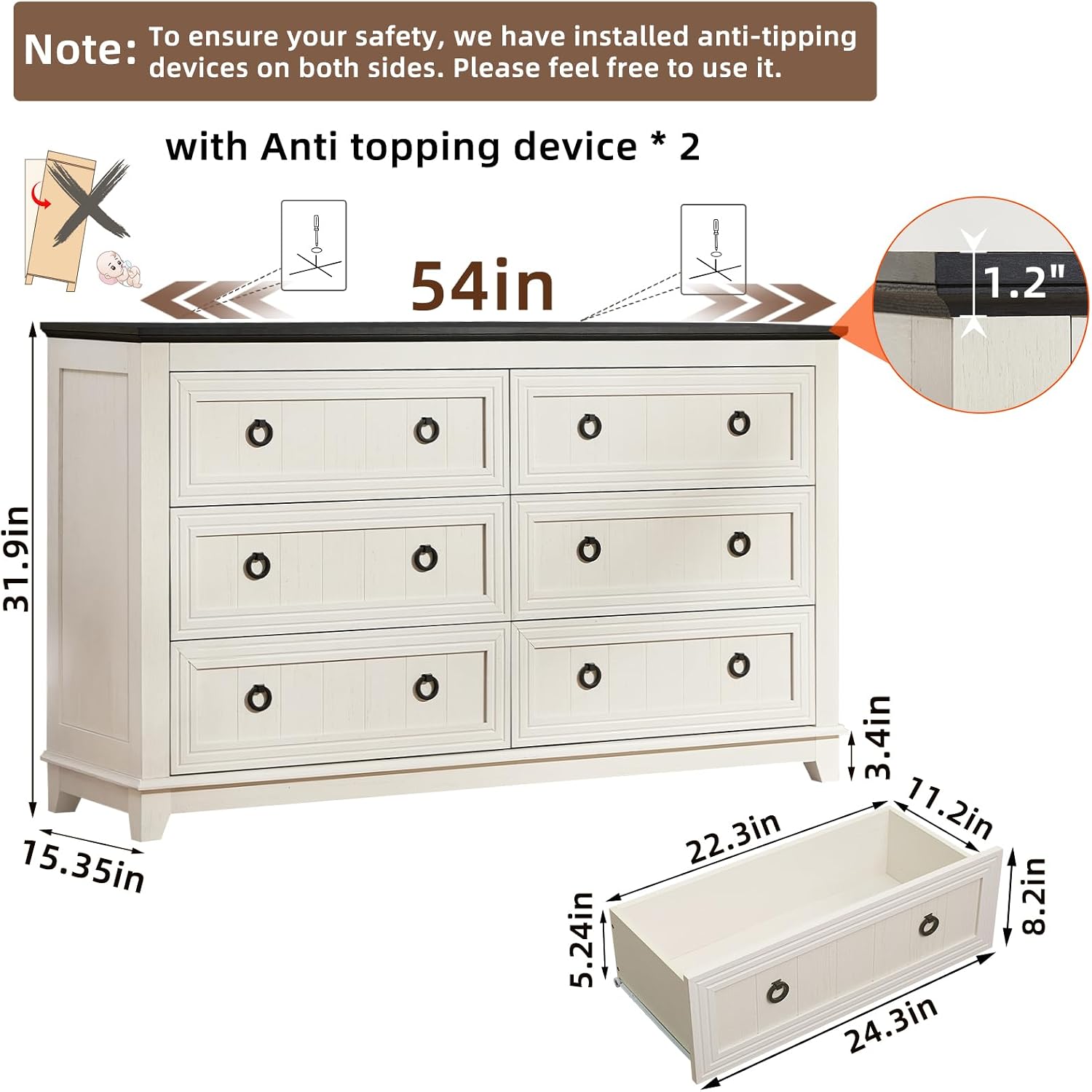 Joaxswe 6 Drawers Dresser for Bedroom, Farmhouse 54'' White Dresser Chest of Drawers, Vintage Design Wood TV Stand, Rustic Storage Dressers Organizer for Bedroom, Living Room, Hallway