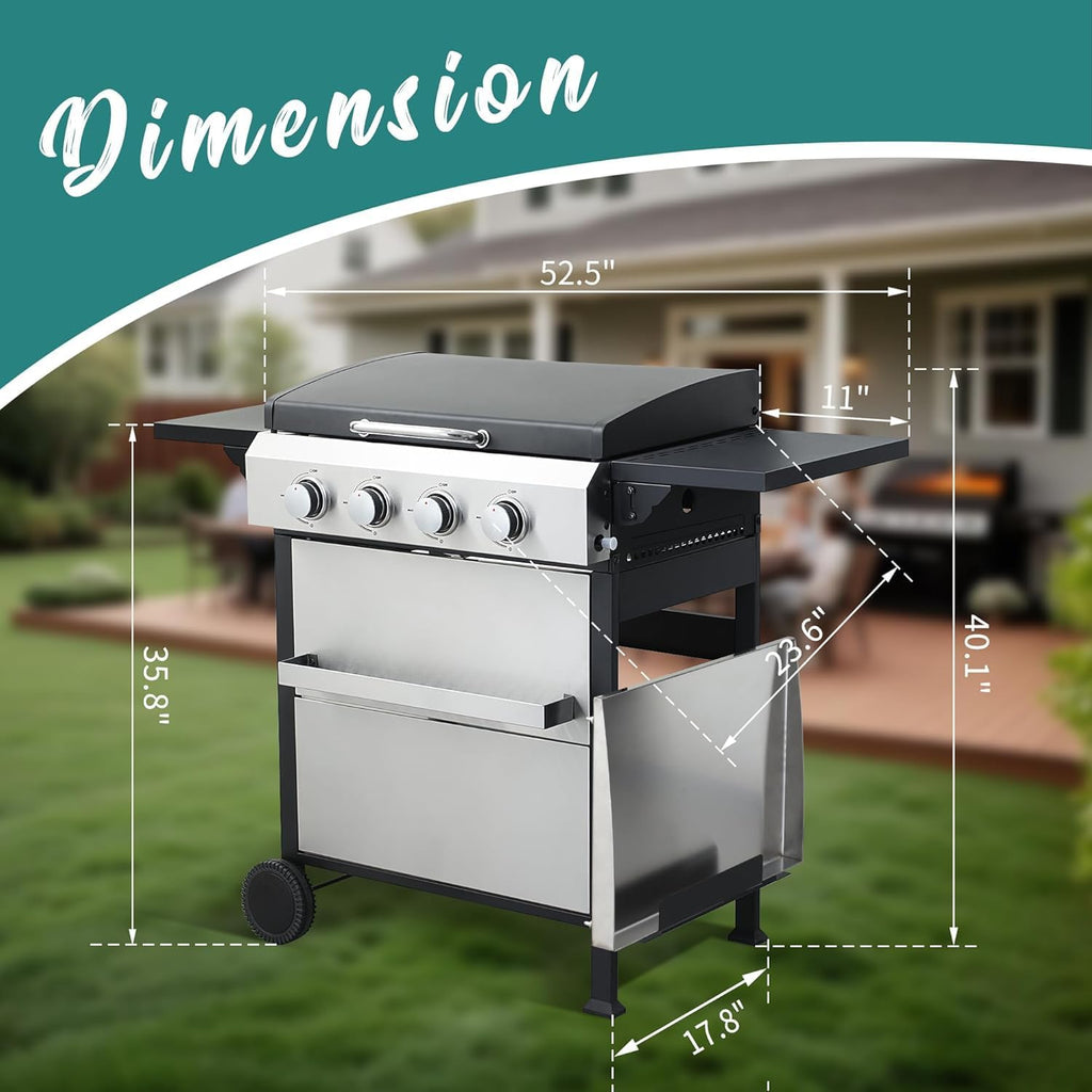 4-Burner Propane Gas Grill Griddle Combo – 40,000 BTU BBQ Grill with Lid, Stainless Steel Plancha & Cast Iron Cooking Grids, Foldable Side Tables – Outdoor Backyard