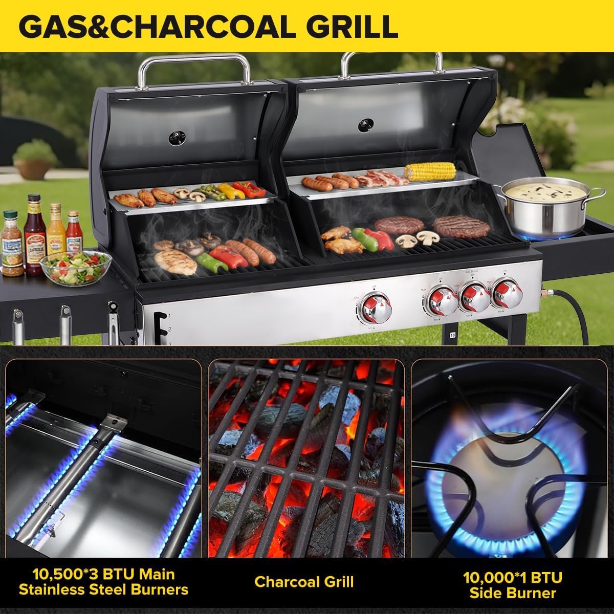 CIG GARDEN 3-Burner Dual Fuel Gas and Charcoal Combo Grill with Side Burner, 41,500 BTU Outdoor Barbecue, Cast Iron Grates - Perfect for Patio, Balcony, Backyard & Camping