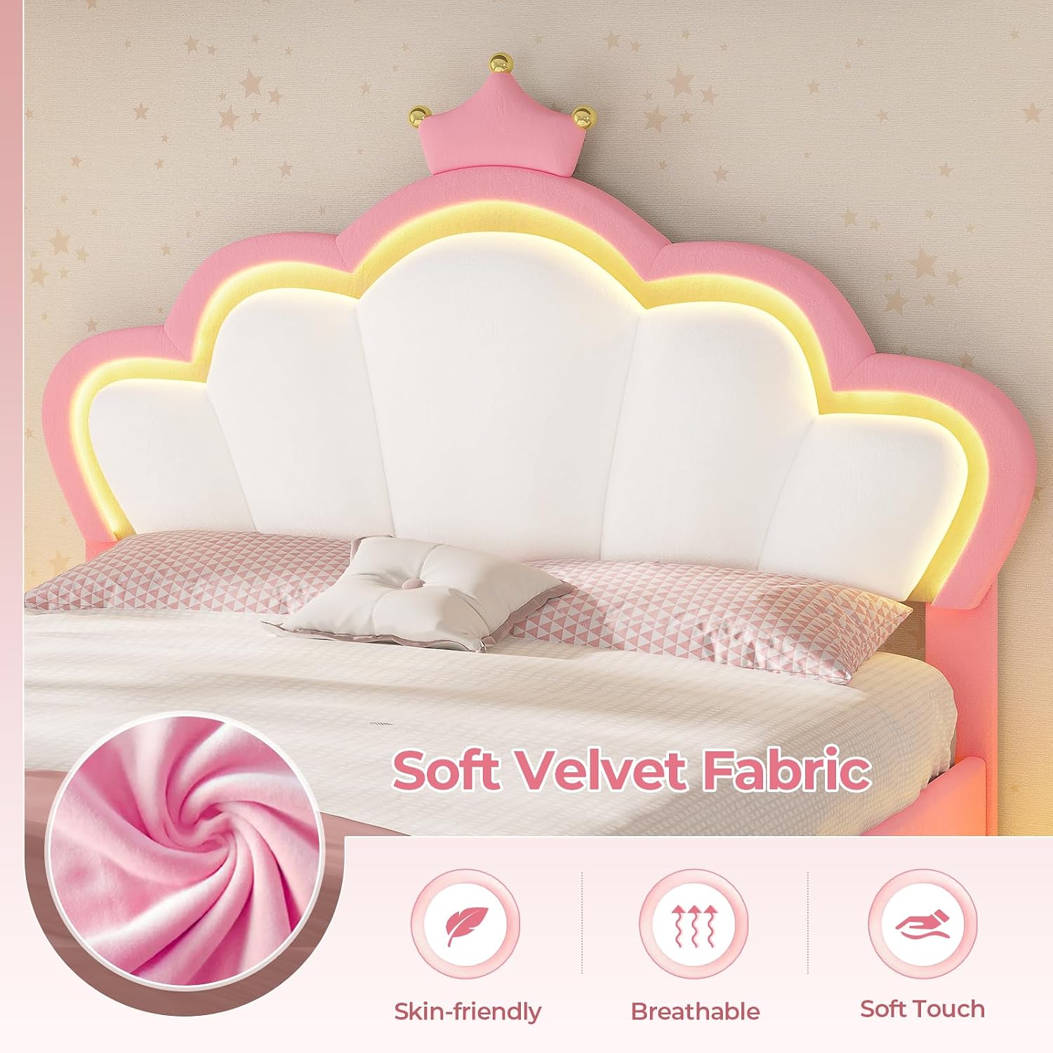 ADORNEVE Full Bed Frame with LED Lights, Princess Bed with Adjustable Chic Double Shell Headboard, Full Girl Bed Velvet Upholstered Platform Bed with Princess Crown, Solid Wood Slats Support, Pink