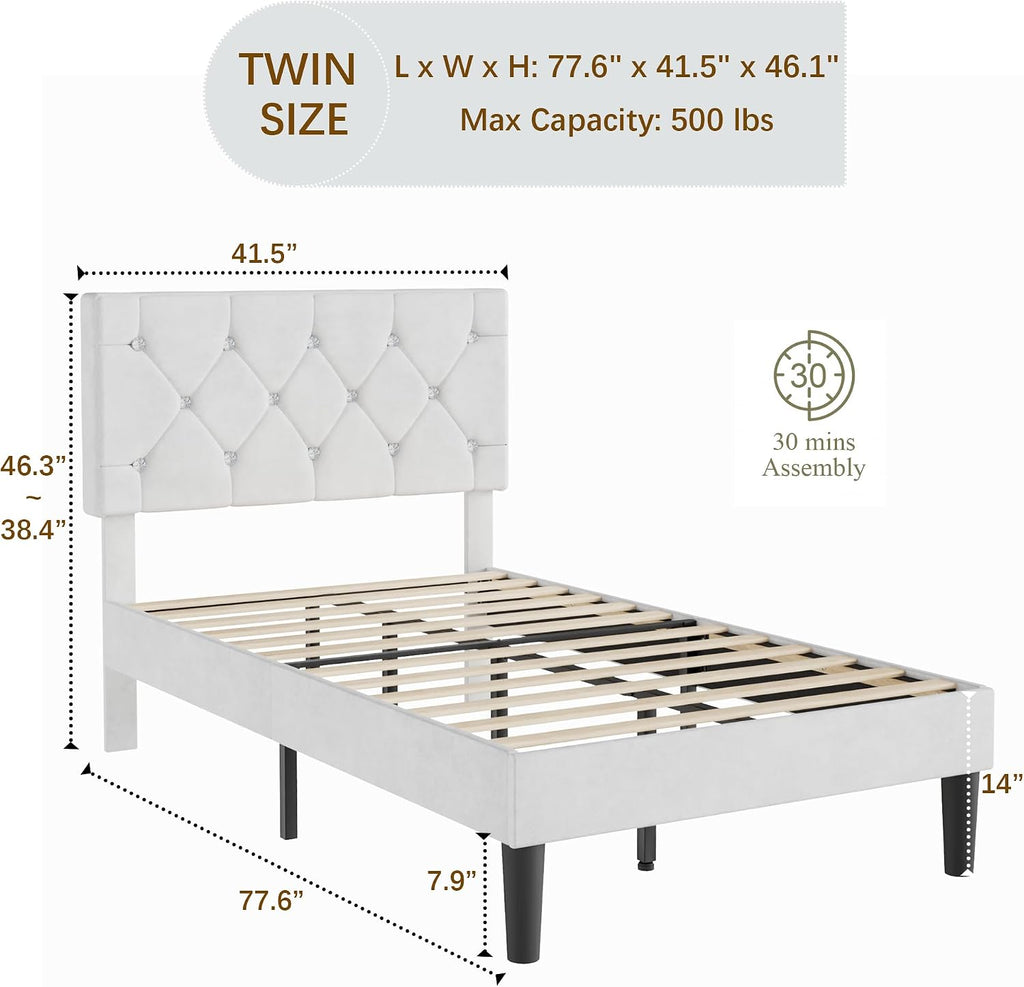 VECELO Twin Size Bed Frame with Diamond Tufted Headboard, Upholstered Platform Bedframe with Wood Slat Support, No Box Spring Needed, Velvet & White