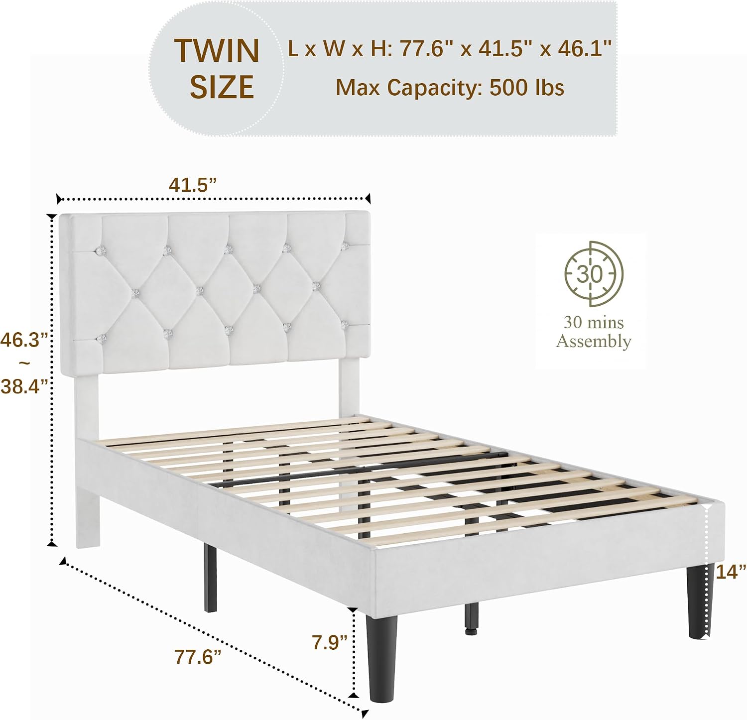 VECELO Twin Size Bed Frame with Diamond Tufted Headboard, Upholstered Platform Bedframe with Wood Slat Support, No Box Spring Needed, Velvet & White