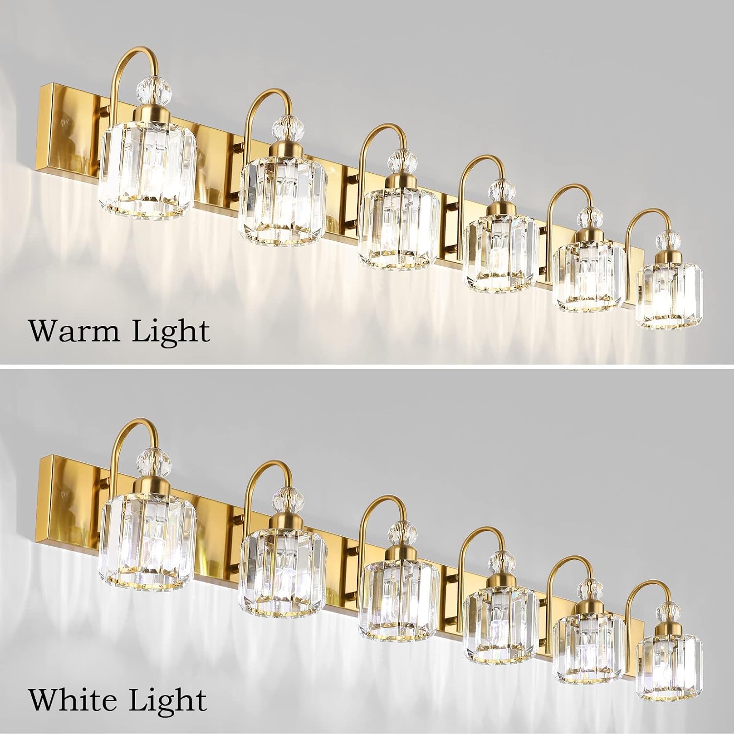 Ralbay Gold Crystal Vanity Lights for Bathroom 6-Lights Brass Gold Crystal Bathroom Vanity Lights Over Long Mirror Modern Crystal Bathroom Wall Lighting Fixtures
