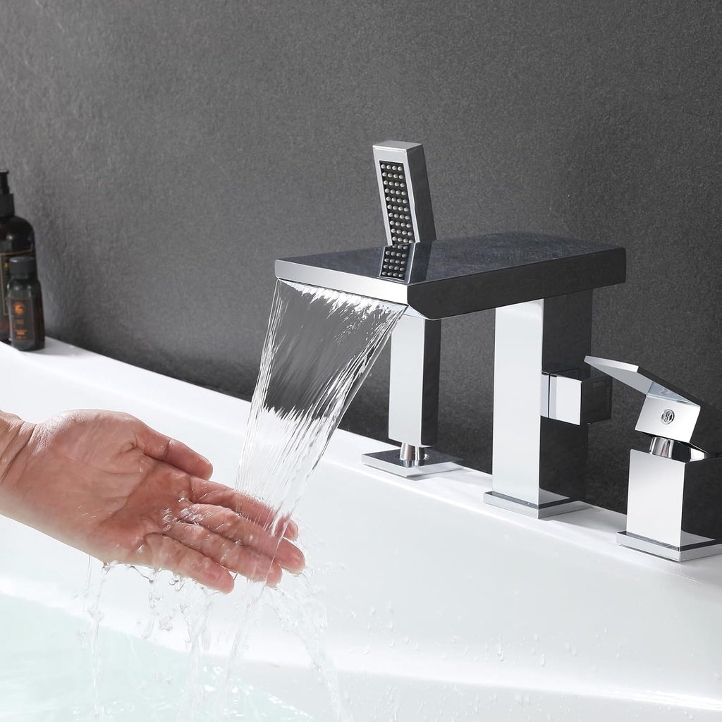 Waterfall Roman Tub Faucet with Hand Shower, Deck Mount Tub Filler Bathtub Faucet with Sprayer, Brass Widespread 3 Hole Bathtub Shower Faucet Set, Chrome