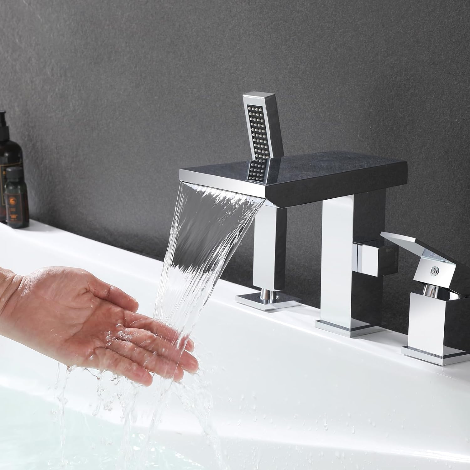 Waterfall Roman Tub Faucet with Hand Shower, Deck Mount Tub Filler Bathtub Faucet with Sprayer, Brass Widespread 3 Hole Bathtub Shower Faucet Set, Chrome