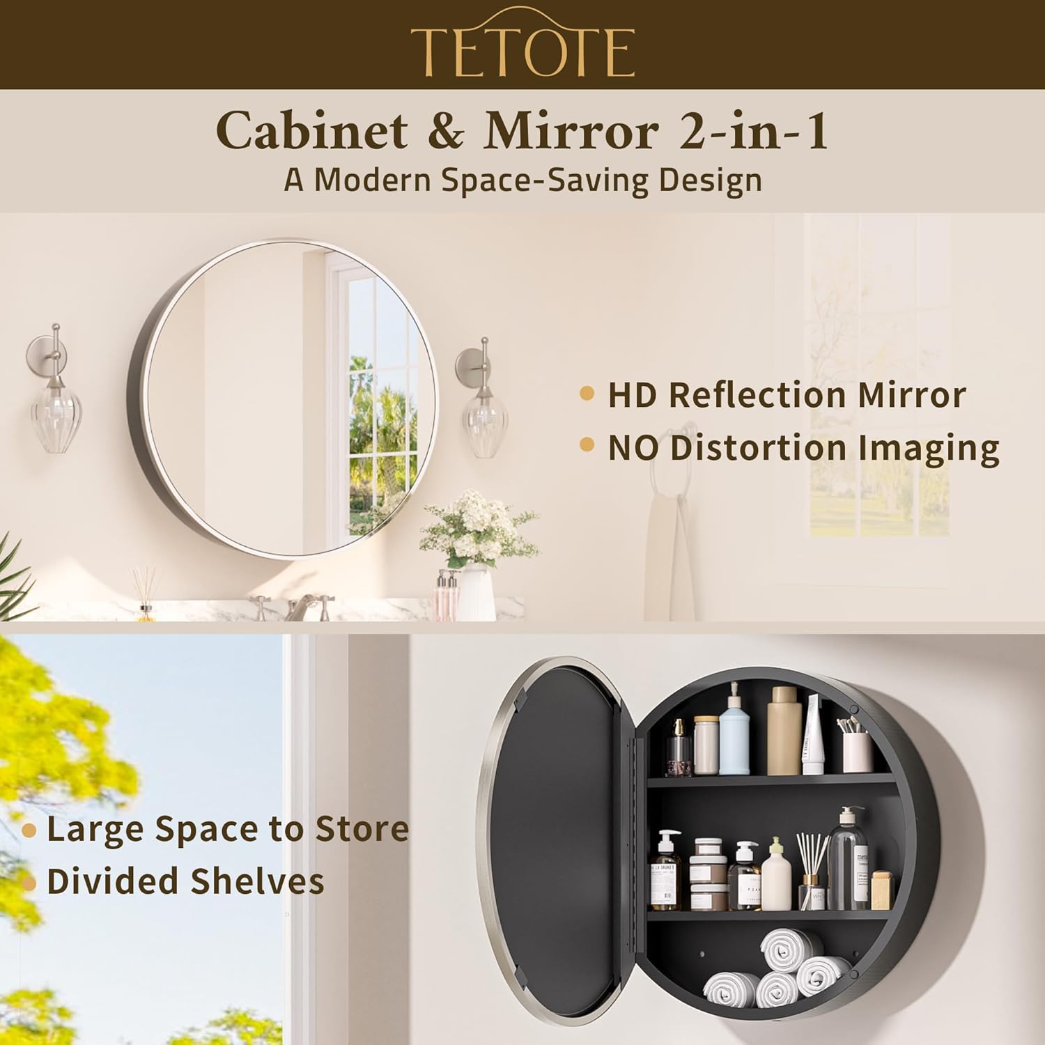 TETOTE 24 x 24 Inch Medicine Cabinet Mirror Brushed Nickel Framed Round Mirrored Medicine Cabinets for Bathroom Adjustable Shelves Modern Bathroom Mirror with Storage Wall Mounted