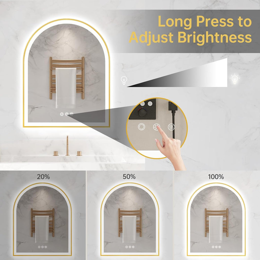 Arched LED Mirror for Bathroom 24'x30', Brushed Gold Lighted Bathroom Mirror with Lights, Fogless, Dimmable, Shatterproof, Touch Sensor, 3 Color Changing