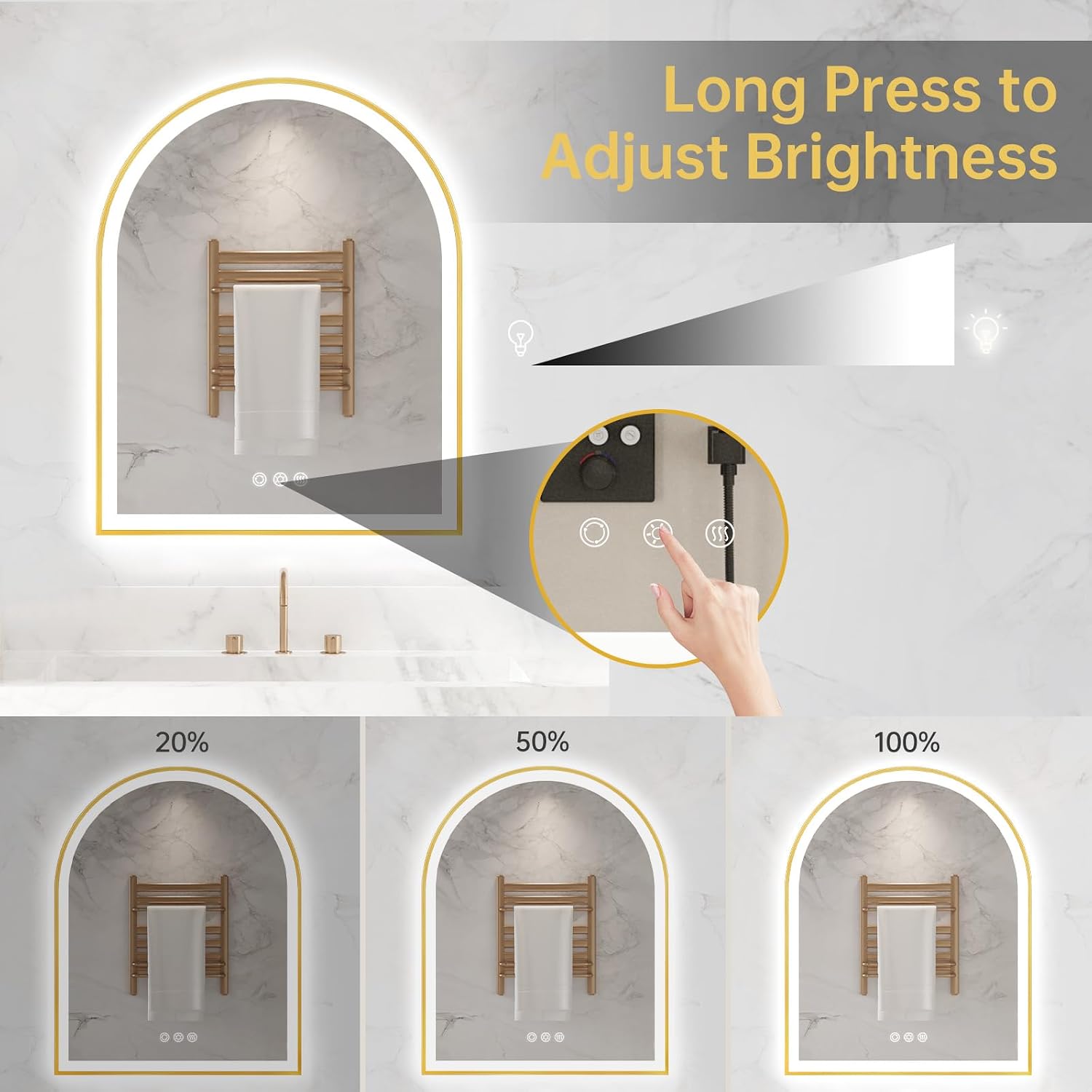 Arched LED Mirror for Bathroom 24'x30', Brushed Gold Lighted Bathroom Mirror with Lights, Fogless, Dimmable, Shatterproof, Touch Sensor, 3 Color Changing