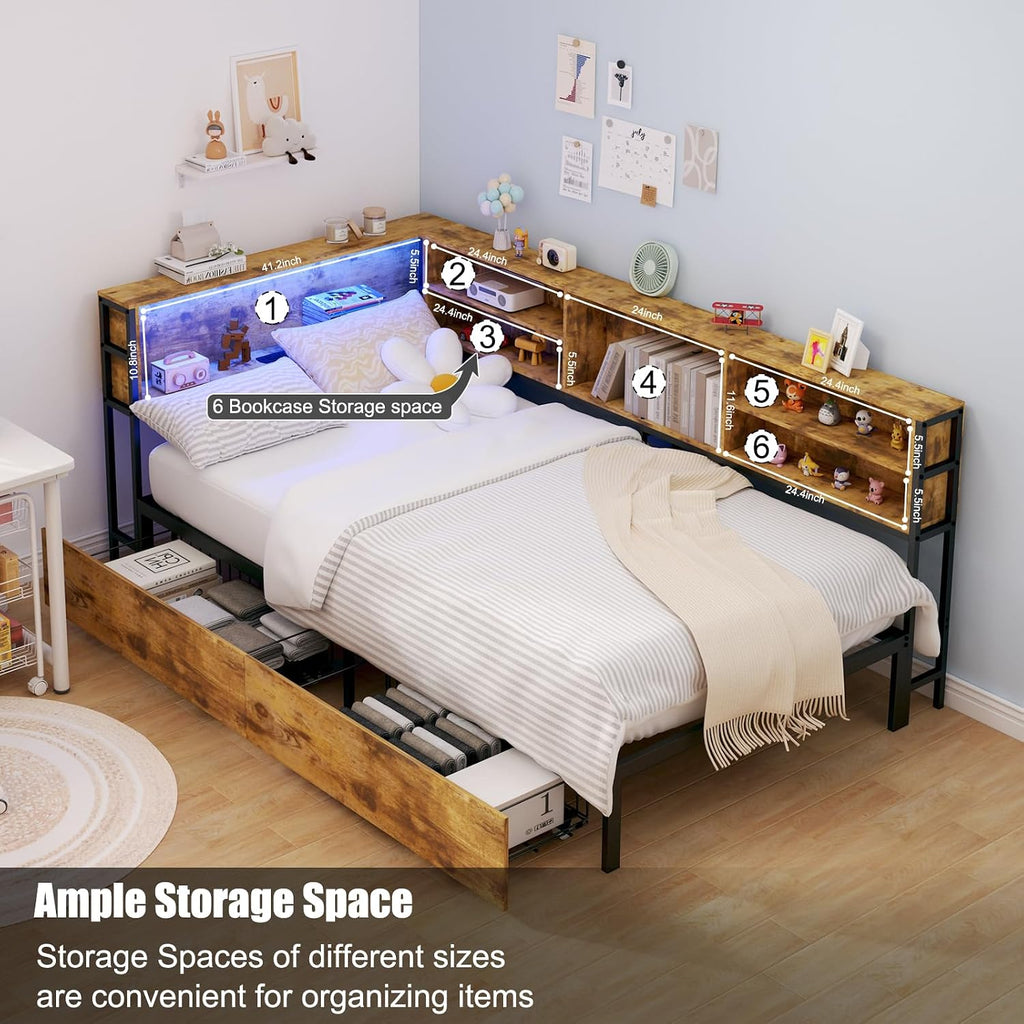 Bellemave Twin Corner Bed Frame with Storage, Twin Size Captains Bed with Charging Station and LED Light, Wood Daybeds with L-Shaped Bookcase and 2 Drawers, Brown