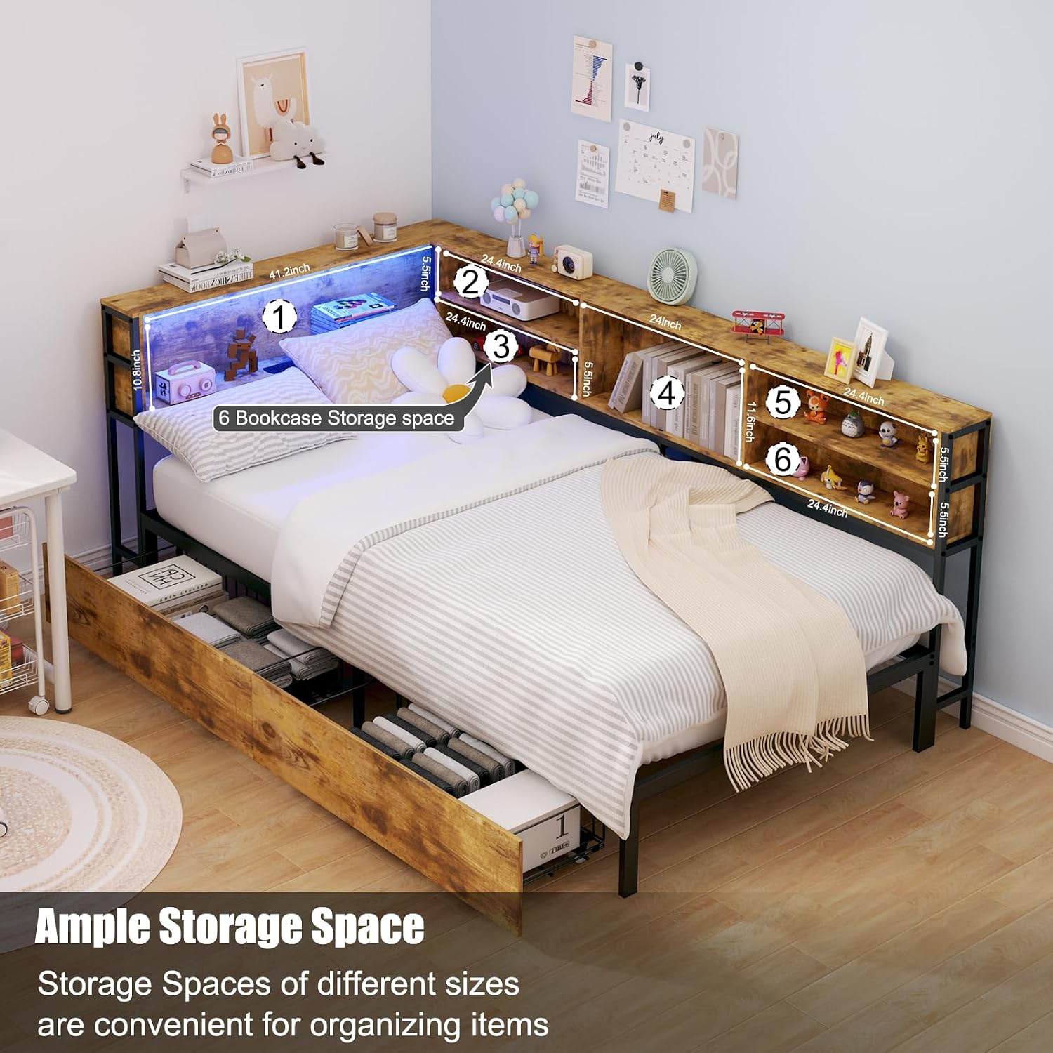 Bellemave Twin Corner Bed Frame with Storage, Twin Size Captains Bed with Charging Station and LED Light, Wood Daybeds with L-Shaped Bookcase and 2 Drawers, Brown