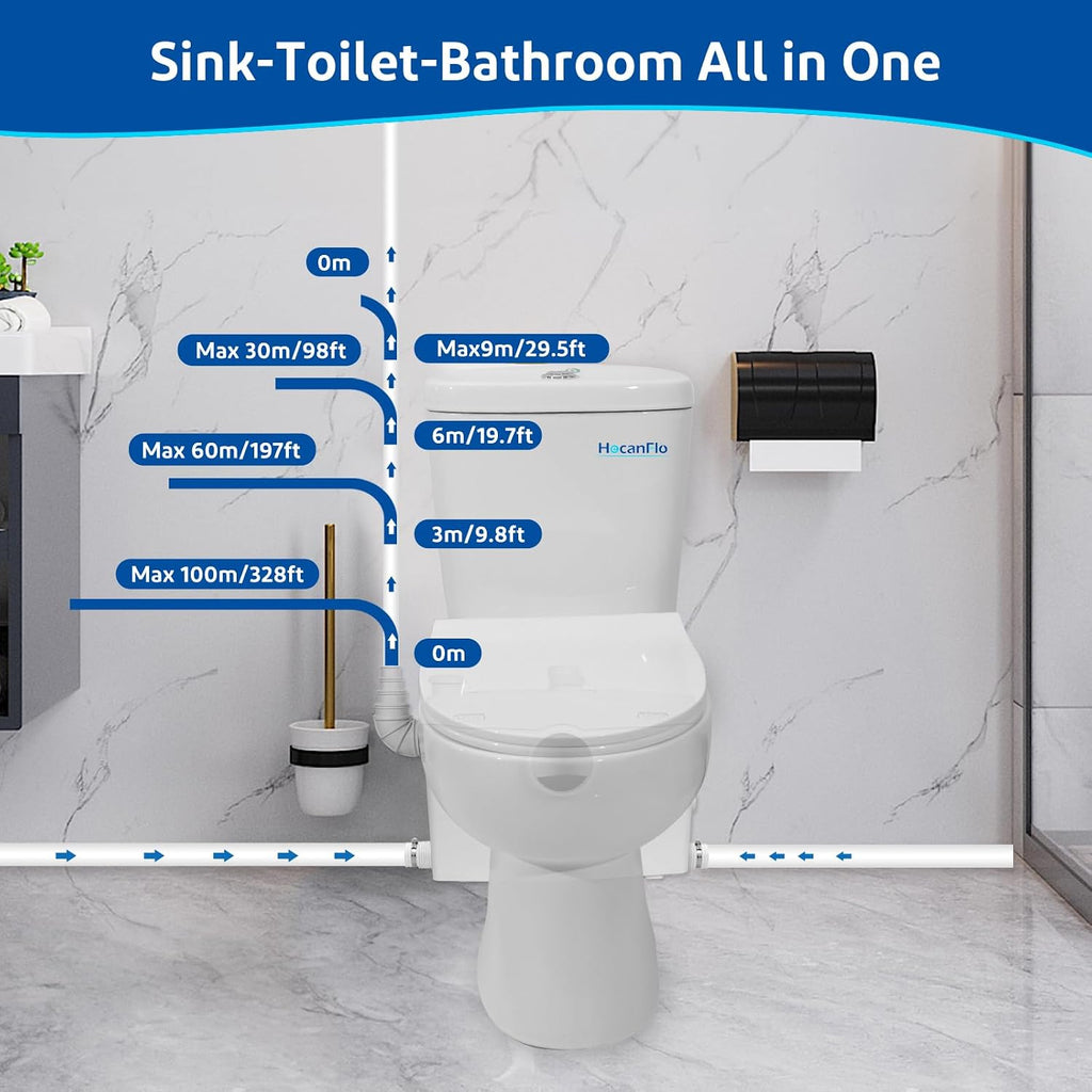 800W Upflush Toilet with Pump for Basement, Macerating Toilet System, Patented Top Access Panel, Two Piece Dual-flush Tank, 4 Inlets Macerator Grinder Sewage Pump, 36ft Head Lifting, CEC Approved